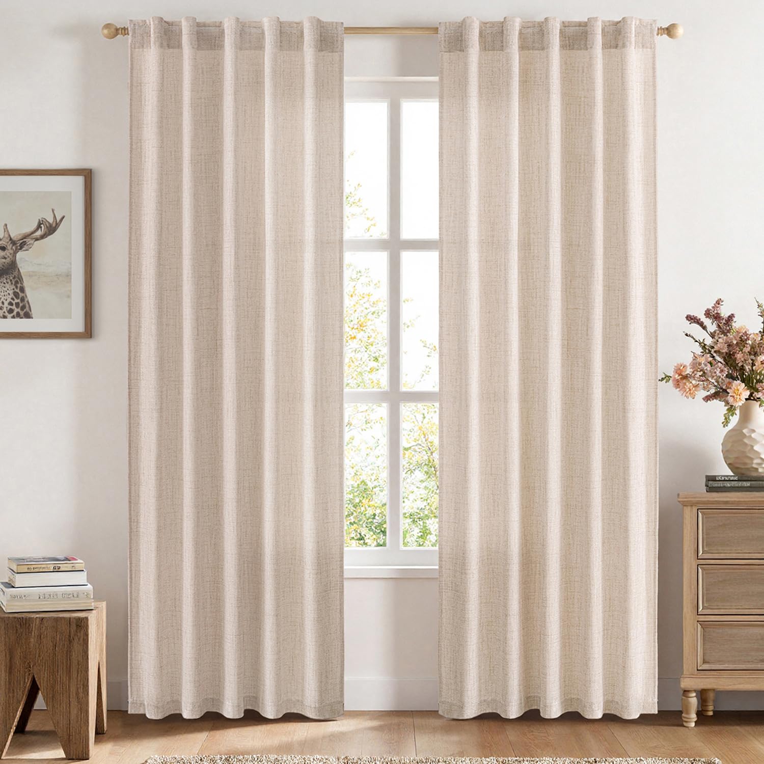 MIULEE Faux Linen Curtains 84 Inch Length 2 Panels Natural Ivory Semi Sheer Curtain with Back Tab Rod Pocket, Light Filtering Wi