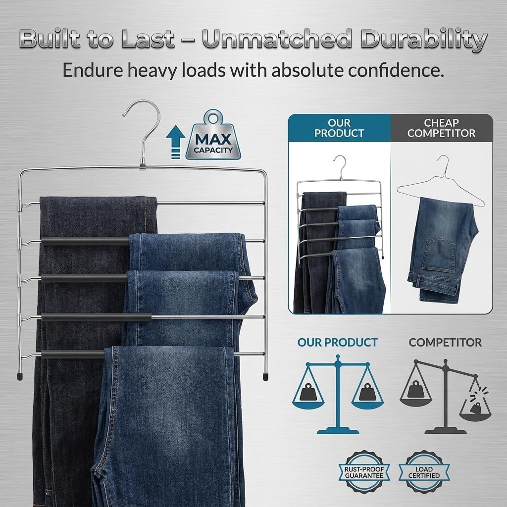 USTECH 8-Tier Swing Arm Pants Hanger, Foam-Padded, Chrome Finish