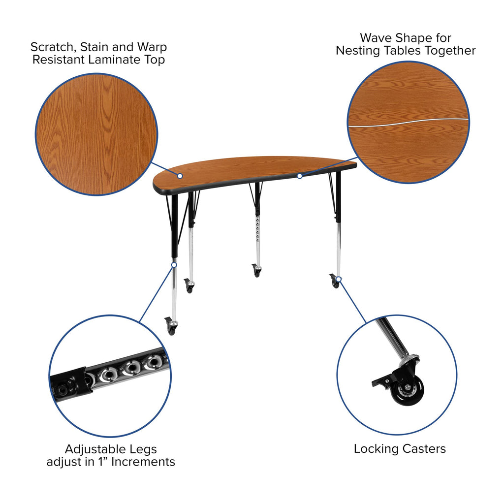 Flash Furniture 3 Piece Mobile 76" Oval Wave Collaborative Oak Thermal Laminate Activity Table Set-Standard Height Adjustable Legs