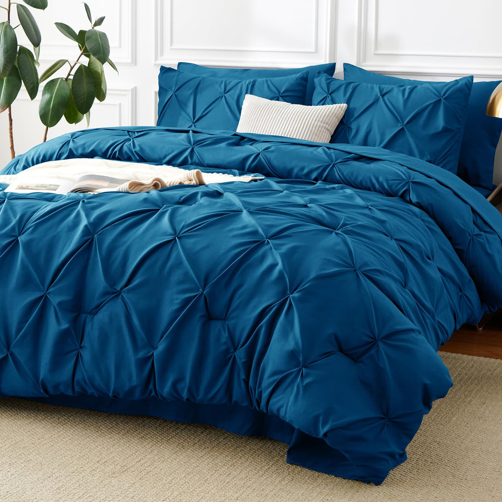 Cozylux Full Comforter Set - 7 Pieces Bed In A Bag Teal, Pintuck Pinch Pleat Bedding Sets With All Season Comforter, Flat Sheet,