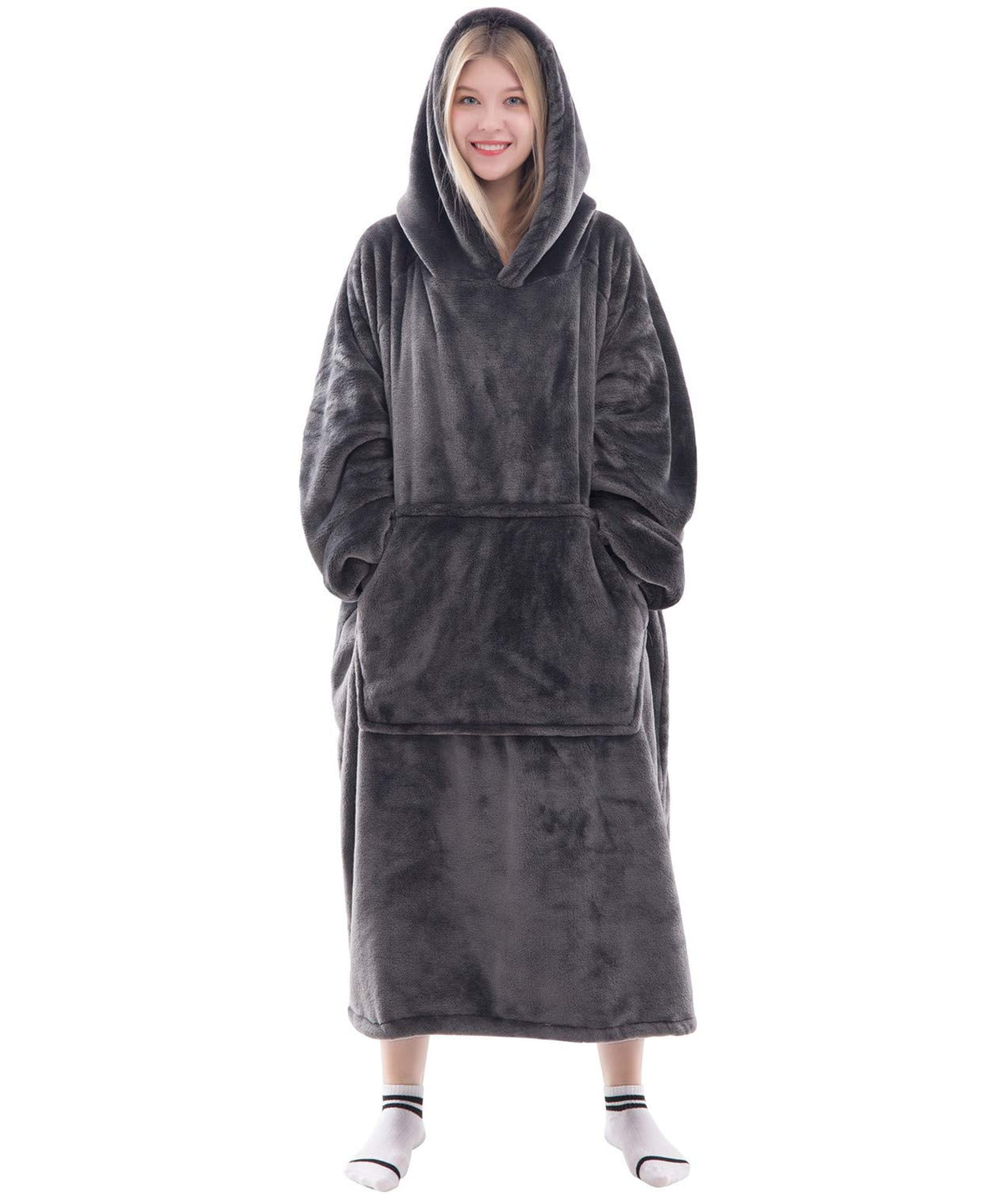 Waitu Wearable Blanket Hoodie - Thick Flannel, Dark Gray, Adult Size, Model HGBK623, Cozy Pocket Design for Men and Women