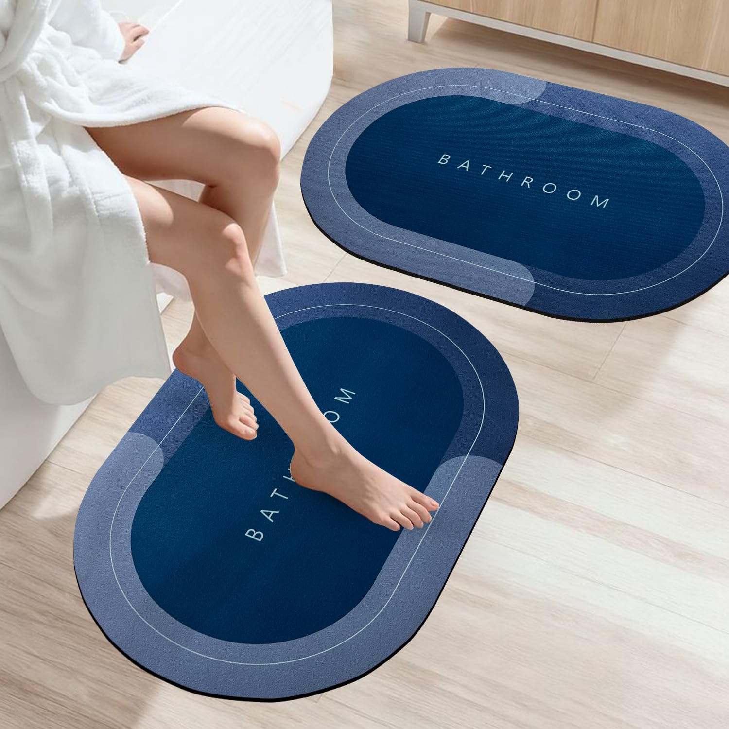 AEXO 2 Pieces (3.5mm) AntiSkid Water Soaking Oval Bathroom Print Rubber Mat, Water Absorbent Mat (40X60Cm) Blue