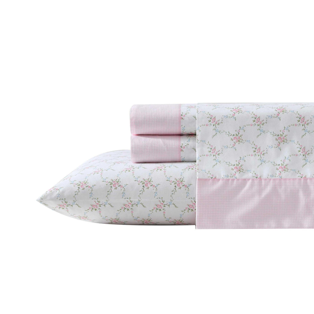 Laura Ashley - Sheet Set, Breathable Percale Cotton Bedding, 200 Thread Count, Deep Pocket, Chic Home Decor (Lynda Pink, King)