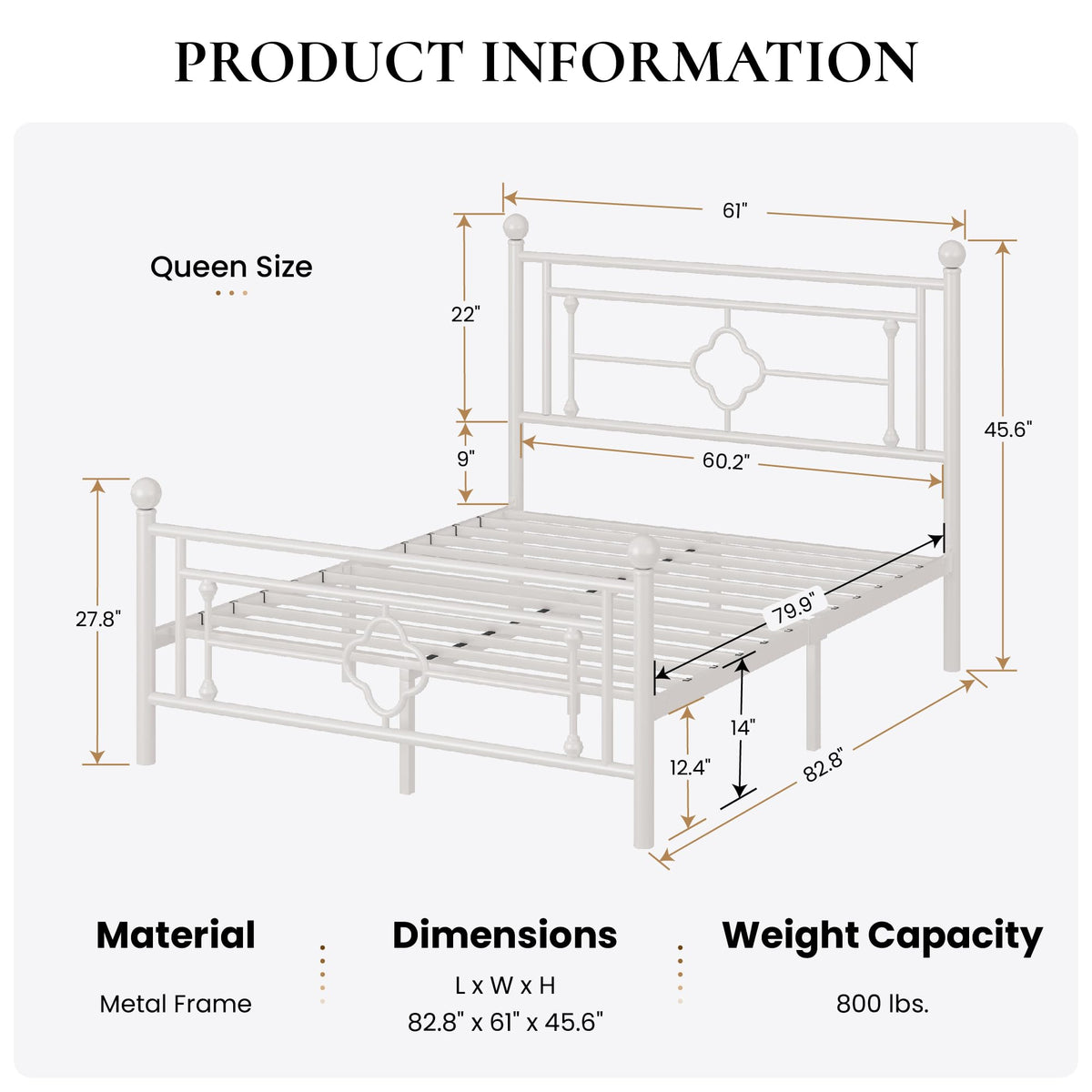 Sha Cerlin 14 Inches Queen Size Metal Platform Bed Frame/Vintage Iron-Art Headboard And Footboard/Mattress Foundation For Storage/No Box Spring Needed/Noise-Free/Easy Assembly/White