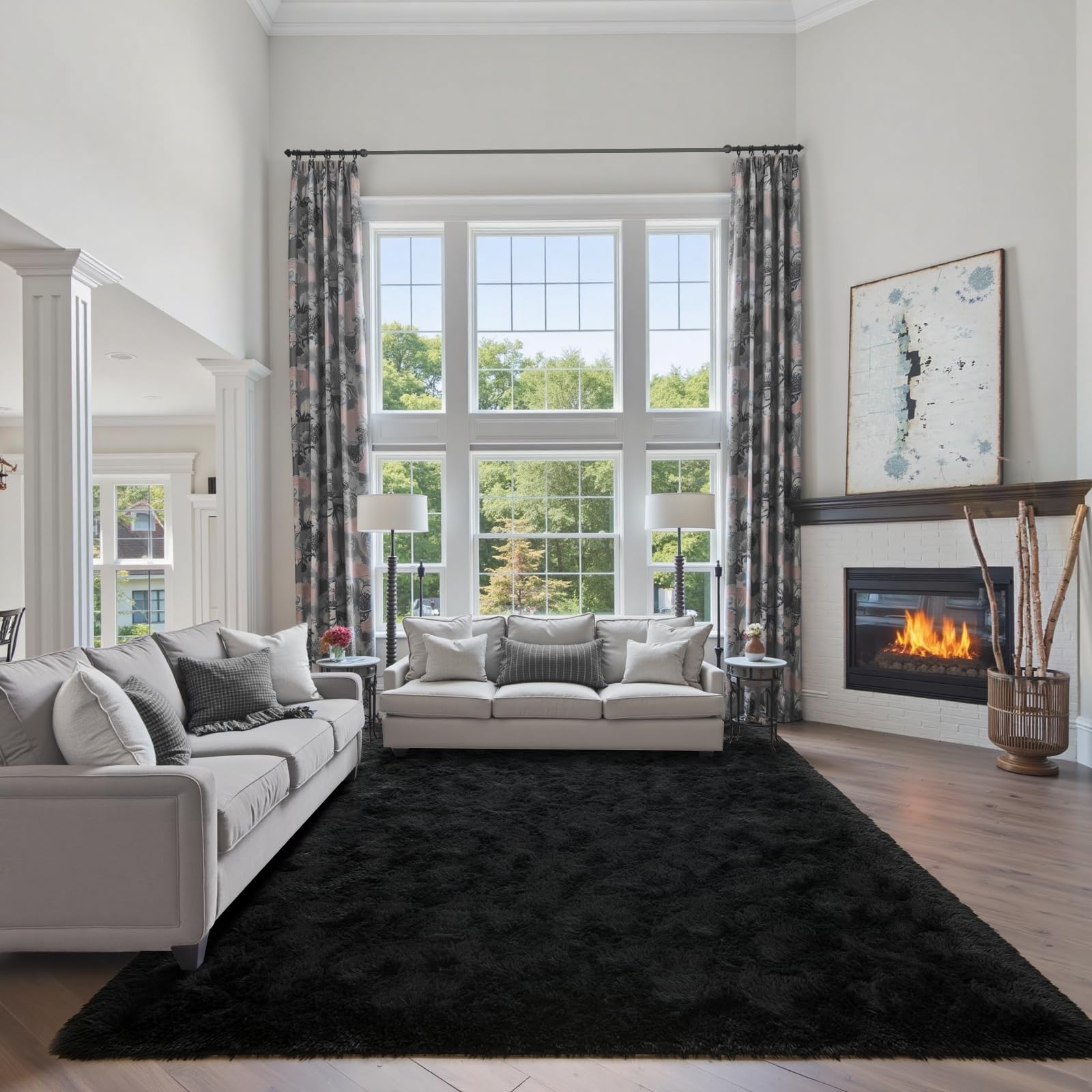 FinRec 6x9 Fluffy Black Rugs for Living Room Bedroom, Soft Indoor Fuzzy Shaggy Area Rug, Non-Slip Furry Rug for Teen Girls and 