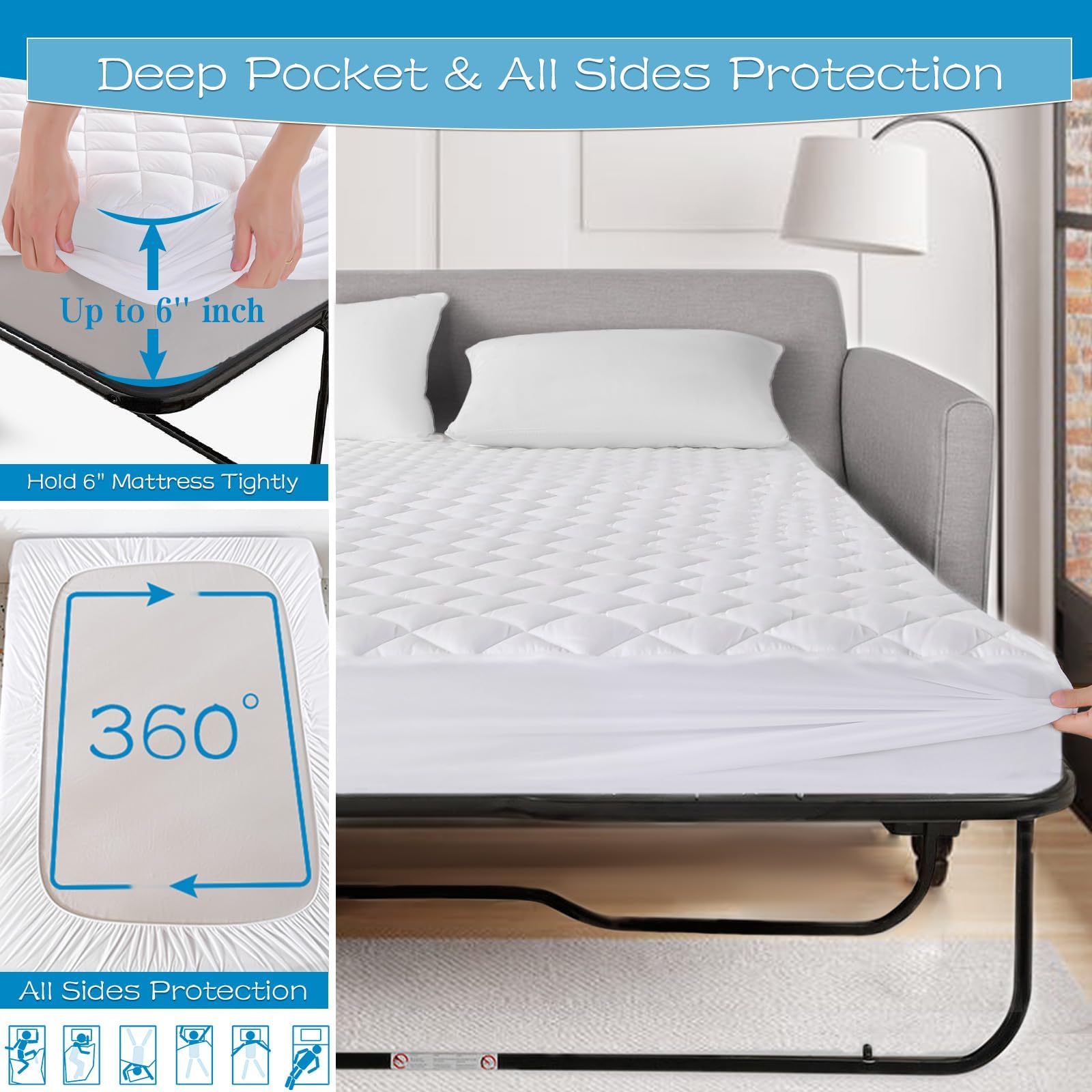 Grt Waterproof Sofa Bed Mattress Pad - 100% Waterproof Full Sleeper Sofa Mattress Protector Quilted, Breathable Noiseless Sofa M
