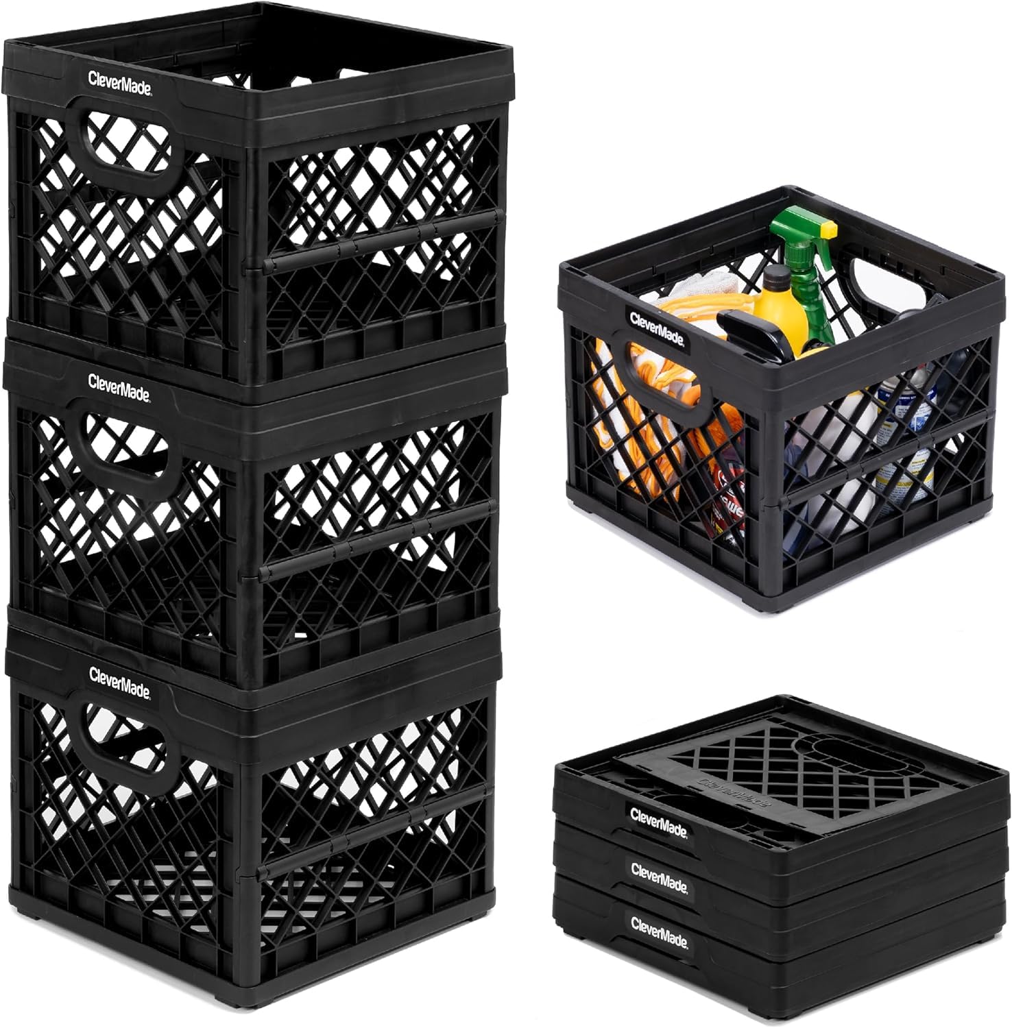 CleverMade Collapsible Milk Crate, Obsidian, 3PK - 25L (6 Gal) Stackable Storage Bins, Holds 50lbs Per Bin - Clevercrates are He