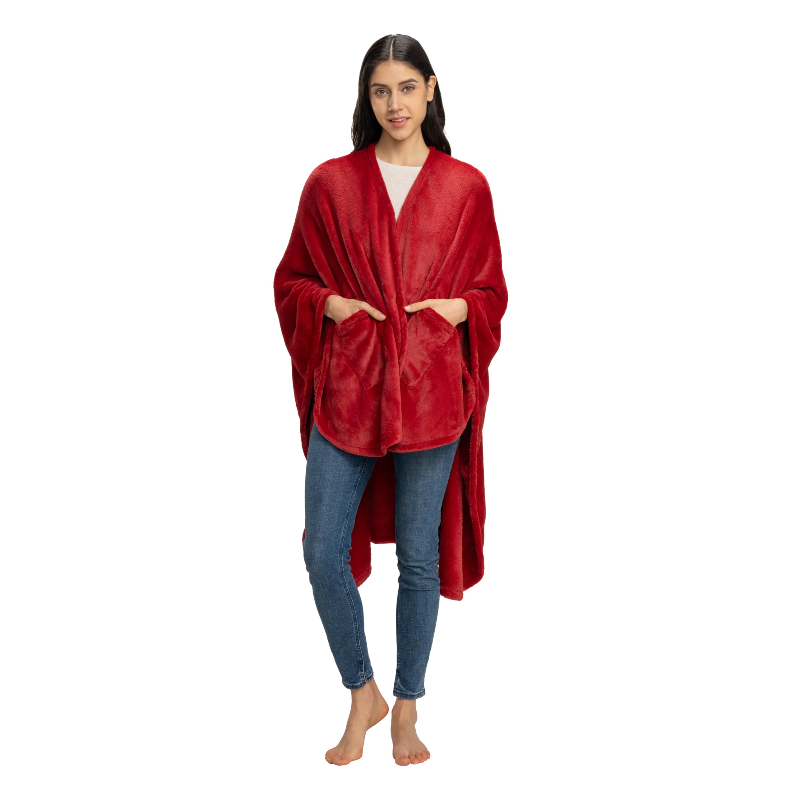 Berkshire Blanket Primalush Wearable Blanket, Cozy Loungewear Pocketed Plush Cape Wrap For Adults & Teens(Chili, One Size 58'X6