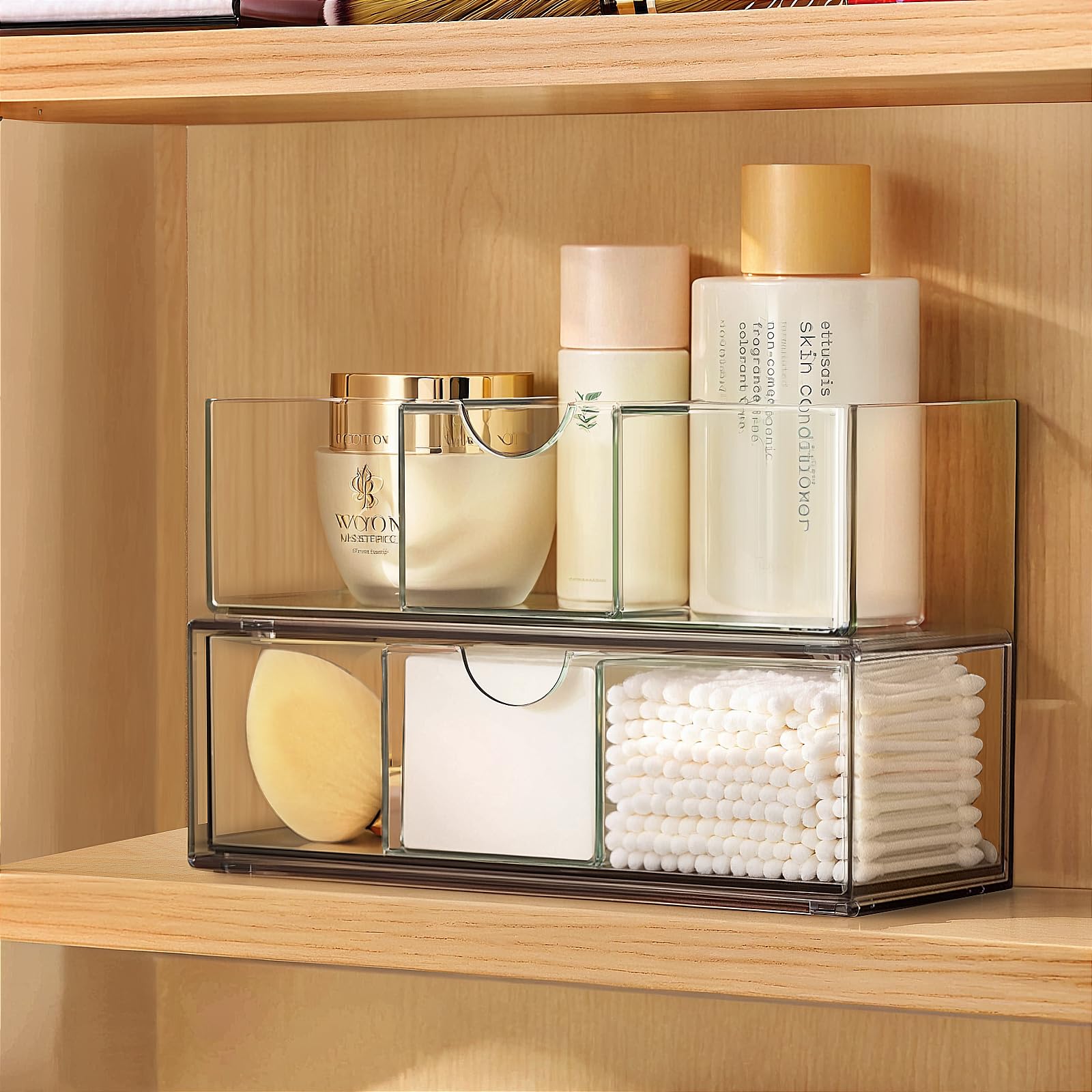 PAVSTINE Medicine Cabinet Organizer 2 Pack, Stackable Storage Drawers with Removable Divider, Make Up Organizer for Bathroom Mir