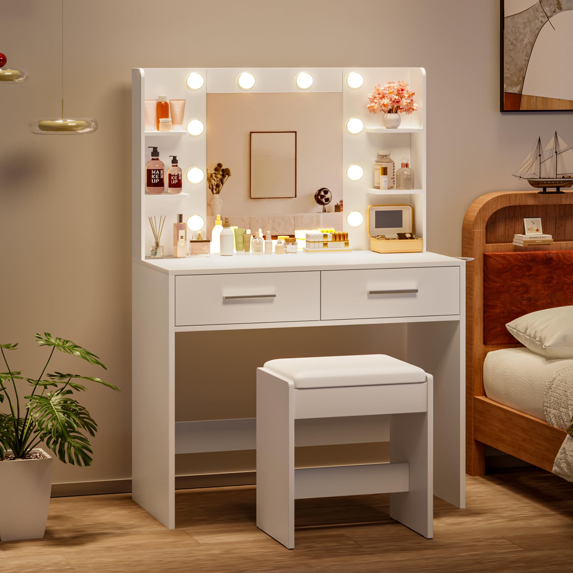 YESHOMY Vanity Desk with Mirror, Makeup Table with 2 Large Drawers, Power Outlet and Round Holder, 3 Color Modes Adjustable Bulb