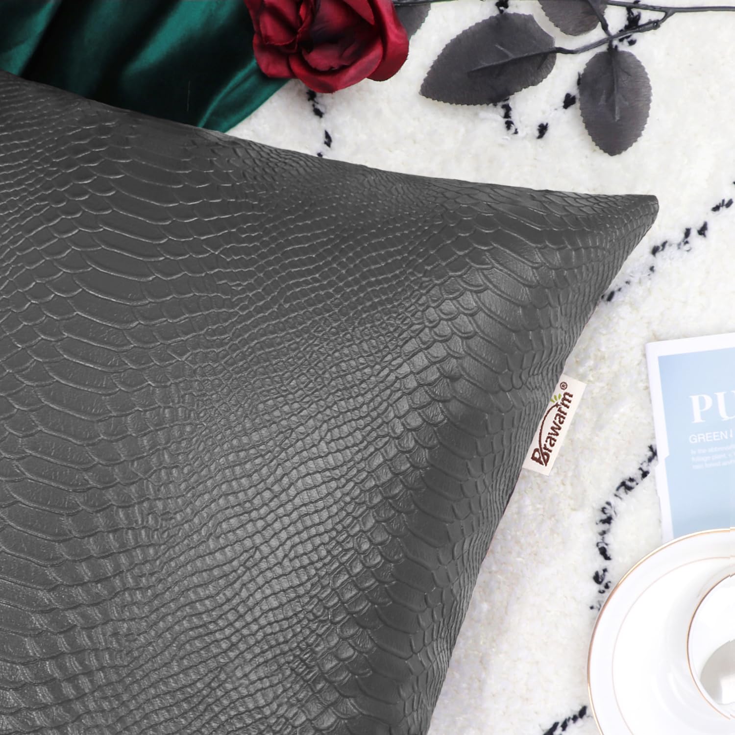 Brawarm Charcoal Gray Leather Throw Pillows 12 X 20 Inches, Snake Leather Pillow Covers Pack Of 2, Faux Leather Decorative Lumba
