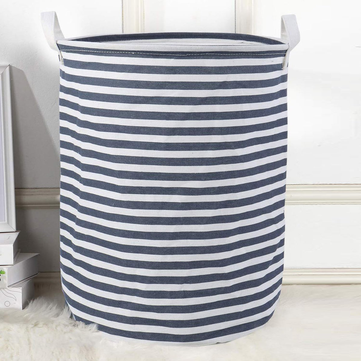 HOKIPO Cotton Folding Cloth Laundry Basket for Clothes, Round Collapsible Storage Basket  Large 43 LTR, Blue, Pack of 1 (AR2545