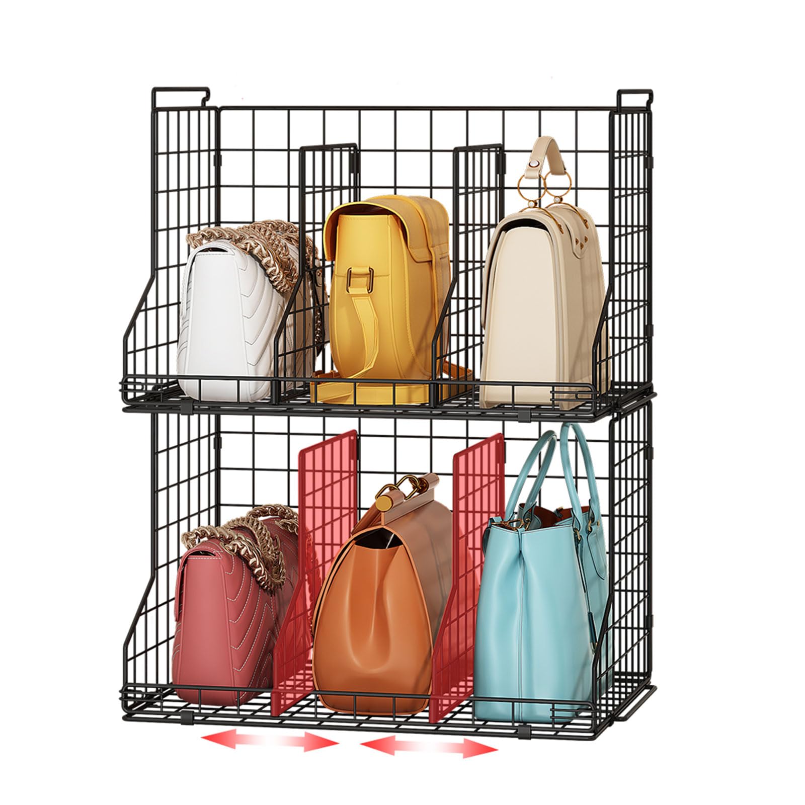 Sonyabecca Purse Storage Organizer for Closet:Adjustable 2-Pack Dividers Handbag Organizer,Stackable Wire Handbags Storage Baske