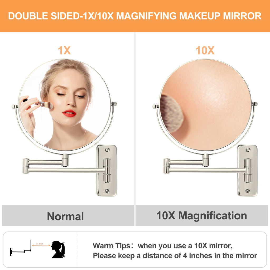 Ffowcye 8' Wall Mounted Makeup Mirror, 1X/10X Wall Mount Magnifying Mirror With Double Sided Folding Extendable Arm 360 Rotatio