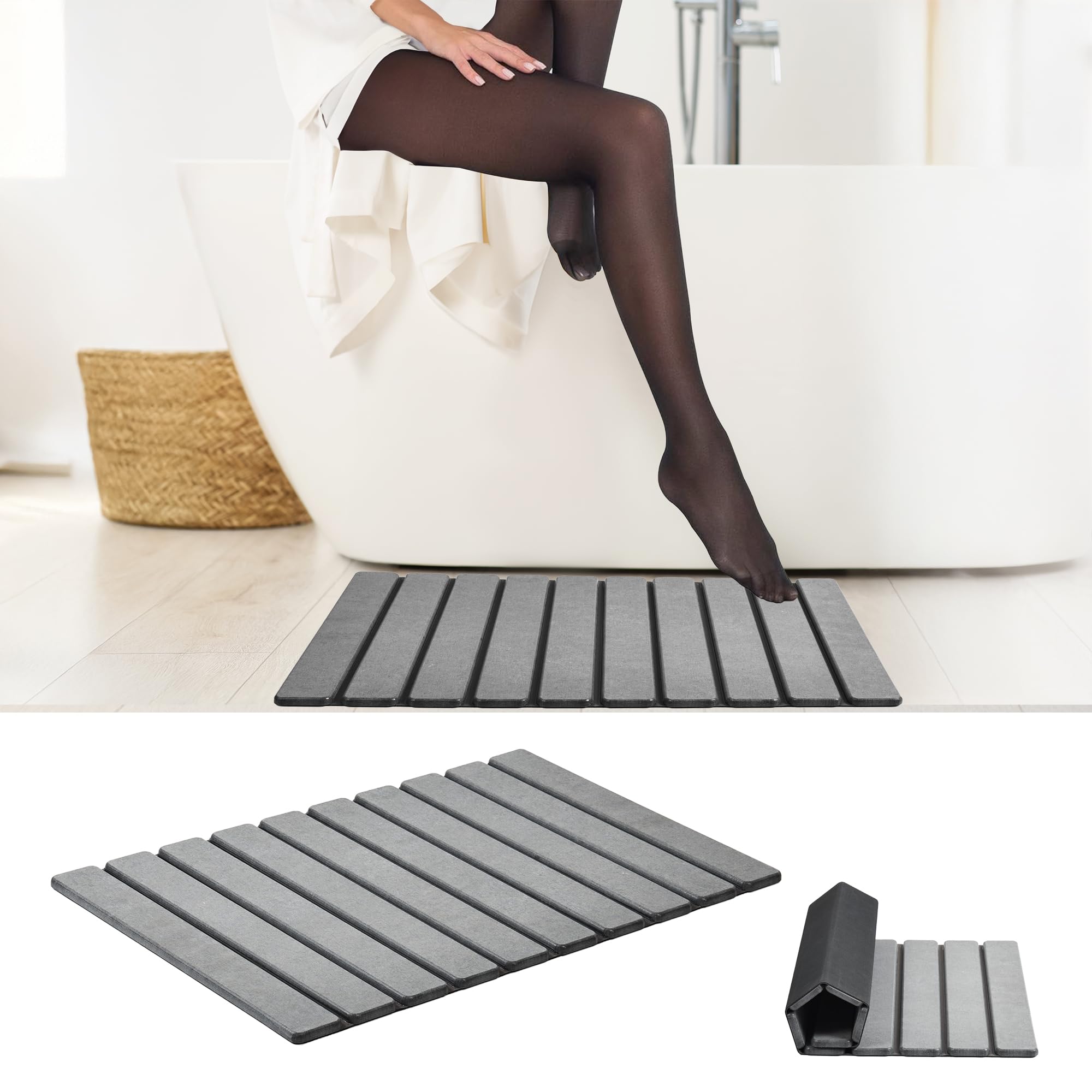 AWW Foldable Stone Bath Mat, Super Absorbent Diatomaceous Earth Mat, Non-Slip Quick Drying Mat, Compact and Easy to Store Bath M