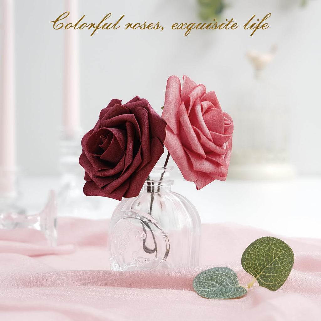 Bleum Cade 36Pcs Artificial Flowers Fake Roses With Stems, Gradient Burgundy Boxed Foam Roses For Diy Bouquets Centerpieces Wedd
