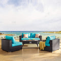 Modway Convene Wicker Rattan 5 Piece Outdoor Patio Sectional Set With Fire Pit In Espresso Turquoise