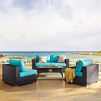 Modway Convene Wicker Rattan 5 Piece Outdoor Patio Sectional Set With Fire Pit In Espresso Turquoise