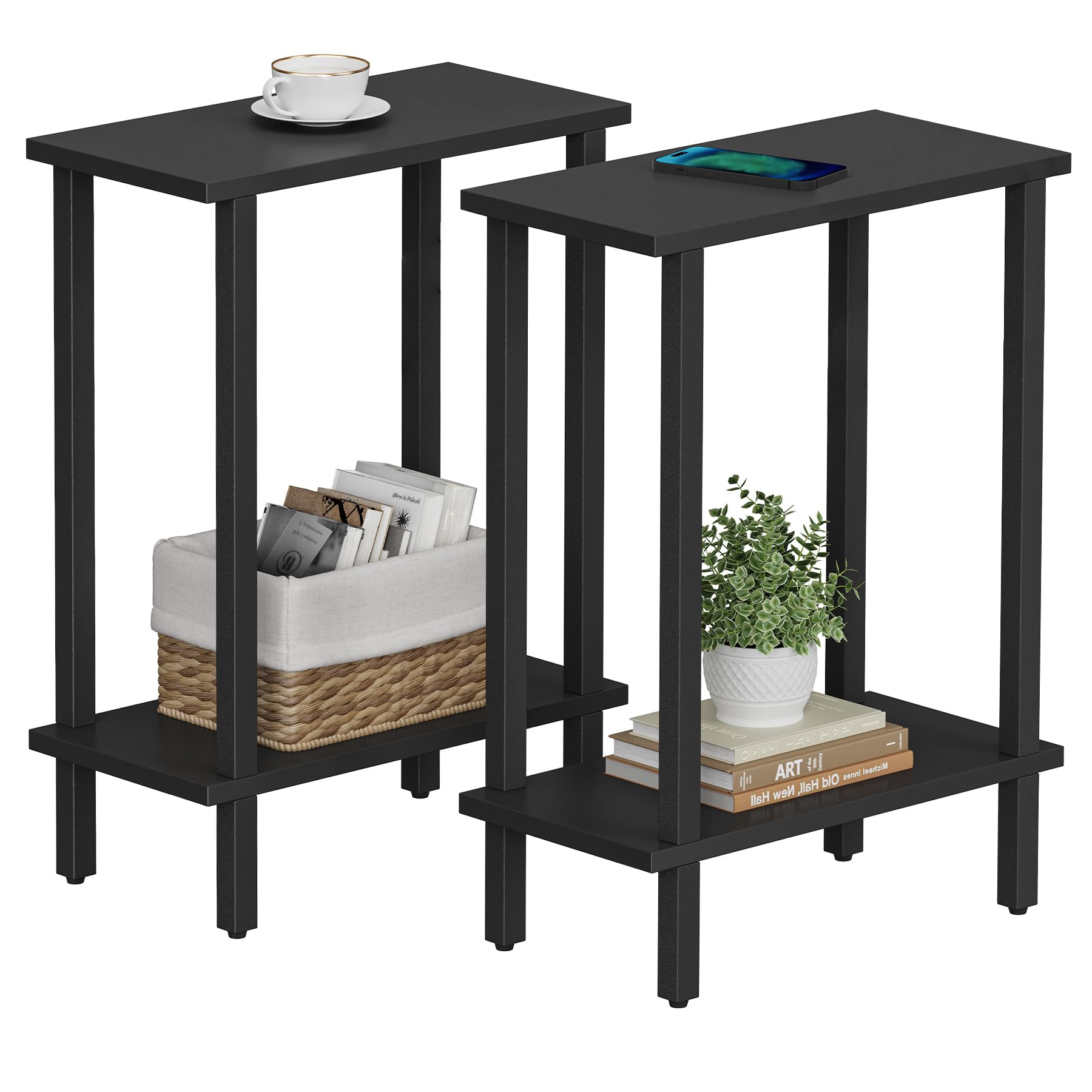 TUTOTAK Small Side Table, Narrow End Table, Set of 2, Skinny Sofa Table, Slim Nightstand, Couch Table, Living Room, Bed Room, Bl