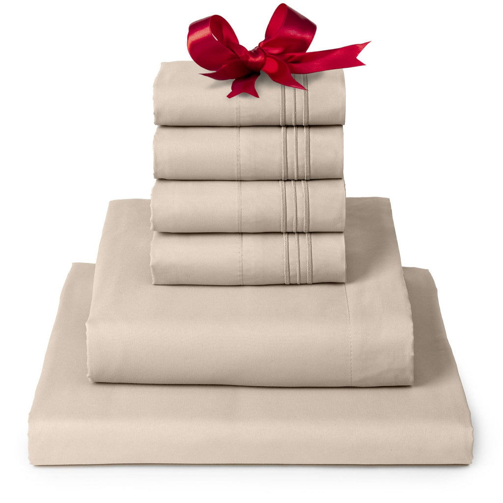 Mellanni California King Sheet Set - 6-Piece Iconic Collection Bedding, (Including 4 Pillowcases), 16-Inch Deep Pocket, Easy Care, Extra Soft, Cooling Sheets, Brushed Microfiber - Beige