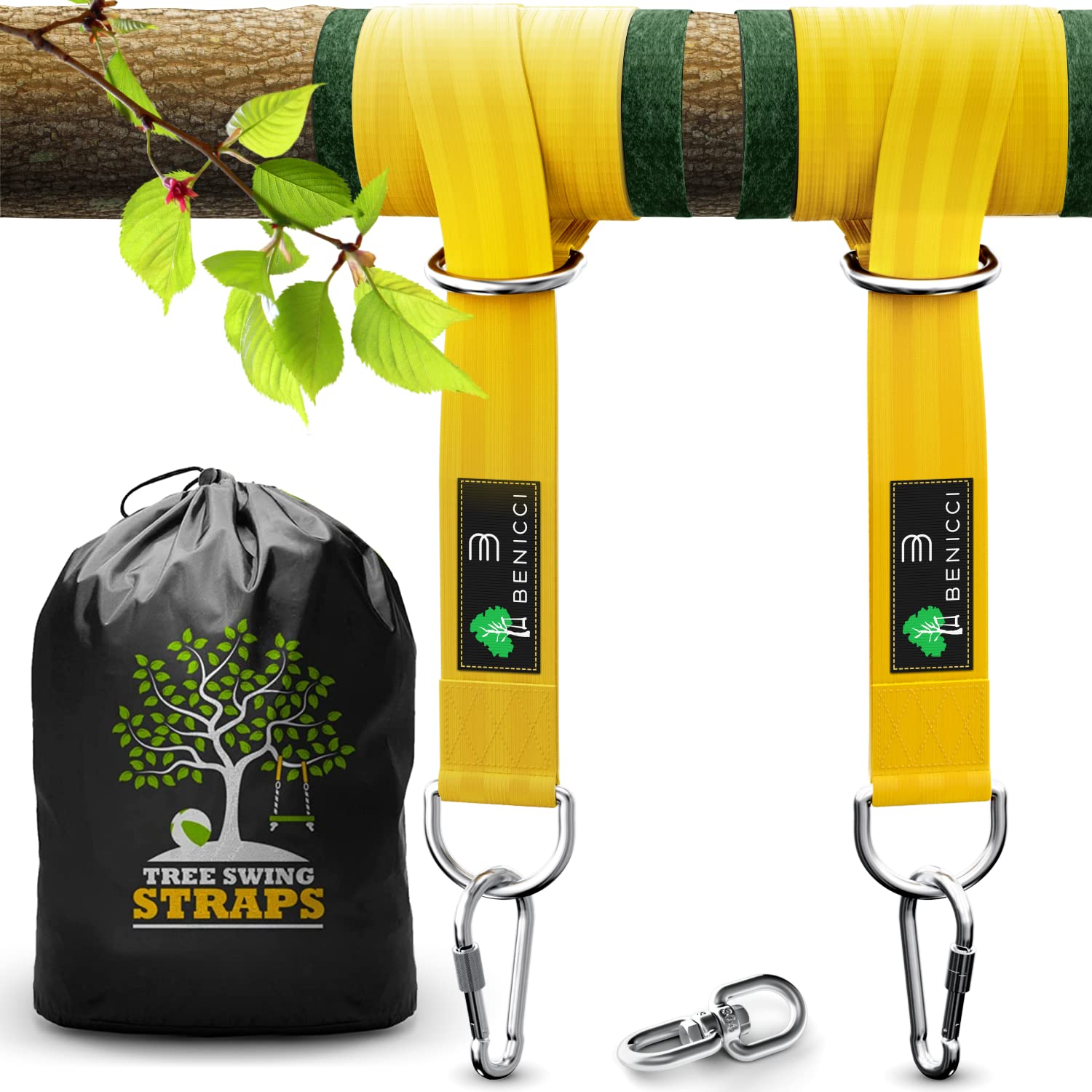Benicci Safe Tree Swing Hanging Kit (Set Of 2) - 10Ft Long Straps With Two Alloy Carabiners And 2000 Lb Breaking Strength - Easy
