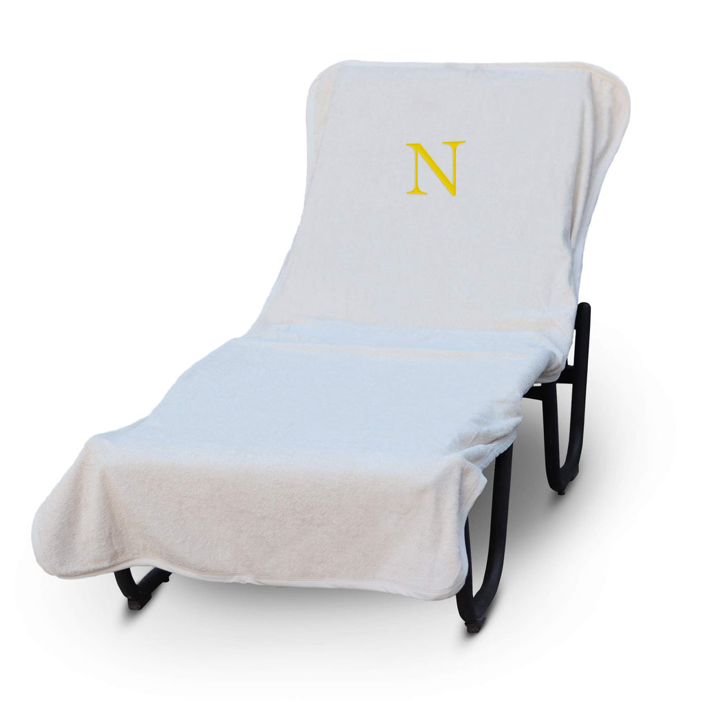 Luxury Hotel & Spa Monogrammed Pool Chaise Lounge Cover, Block Letter Embroidered - Extra Absorbent 100% Turkish Cotton- Soft Terry - Hotel-Style, Standard Size 90' X 29' - White - Gold Letter N