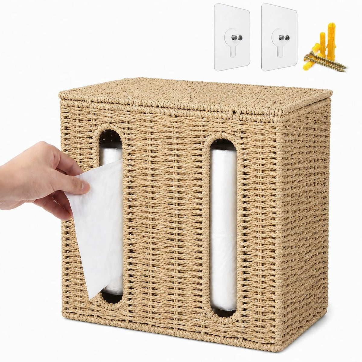Duimbok Trash Bag Holder Dispenser with Lid, Paper Rope and Iron Trash Bag Storage Organizer with Hooks, Wall Mounted Garbage Ba