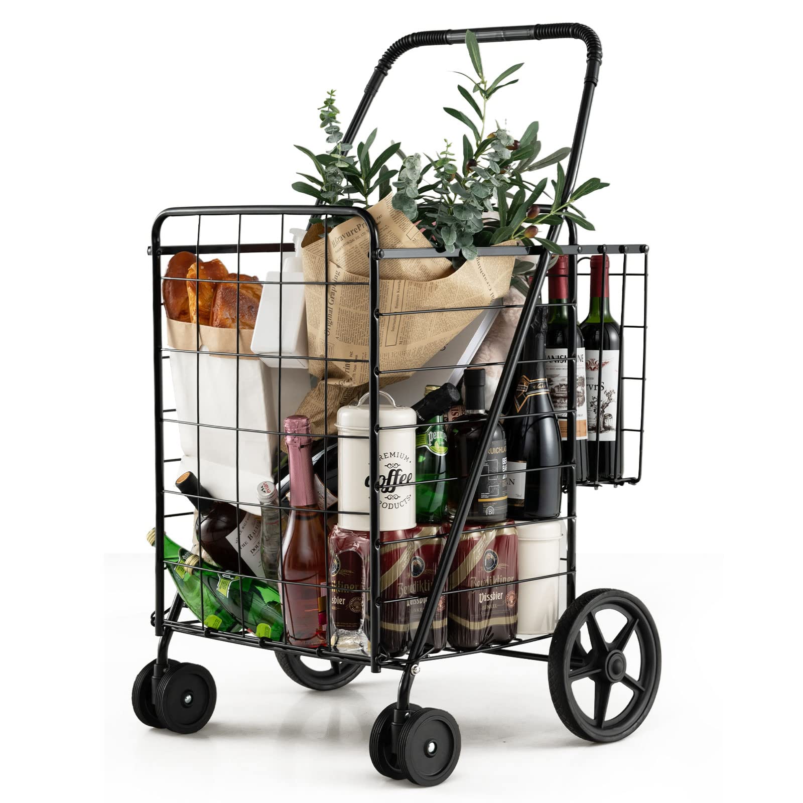 Goplus Jumbo Folding Shopping Cart with Rolling Swivel Wheels, Foldable Grocery Cart on Wheels with Double Basket, Heavy Duty Ut