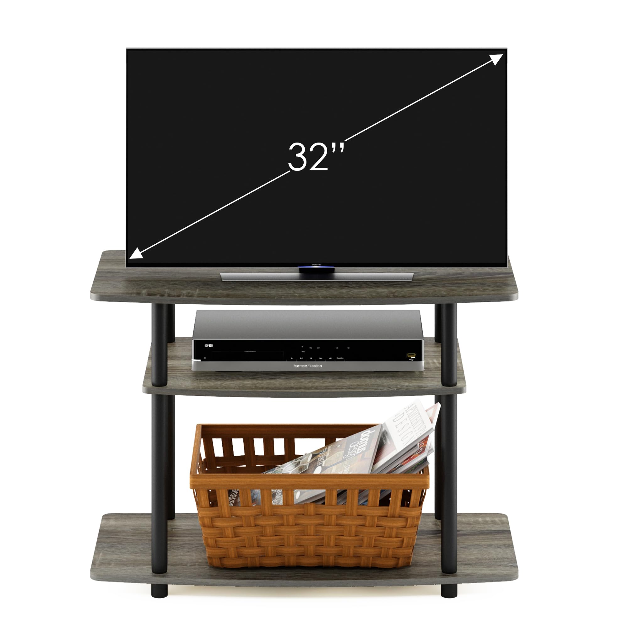 Furinno Turn-N-Tube No Tools 3-Tier Entertainment Center TV Stand for TV up to 32 Inch, Plastic Round Tubes, French Oak Grey/Black