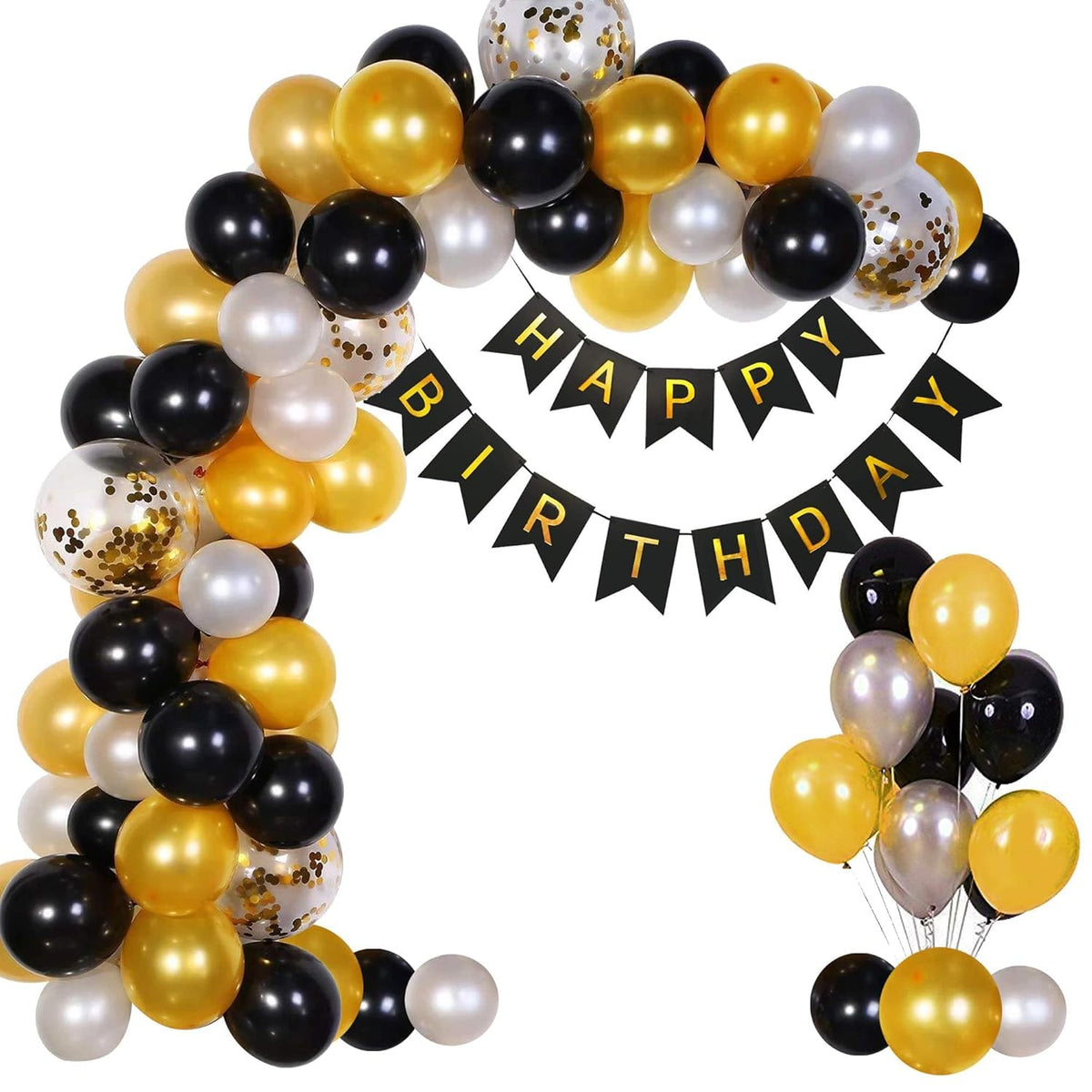 Black Gold Silver Birthday Decoration Kit with Balloon Garland Arch | Happy Birthday Banner, Gold Confetti Balloons, Black Gold 