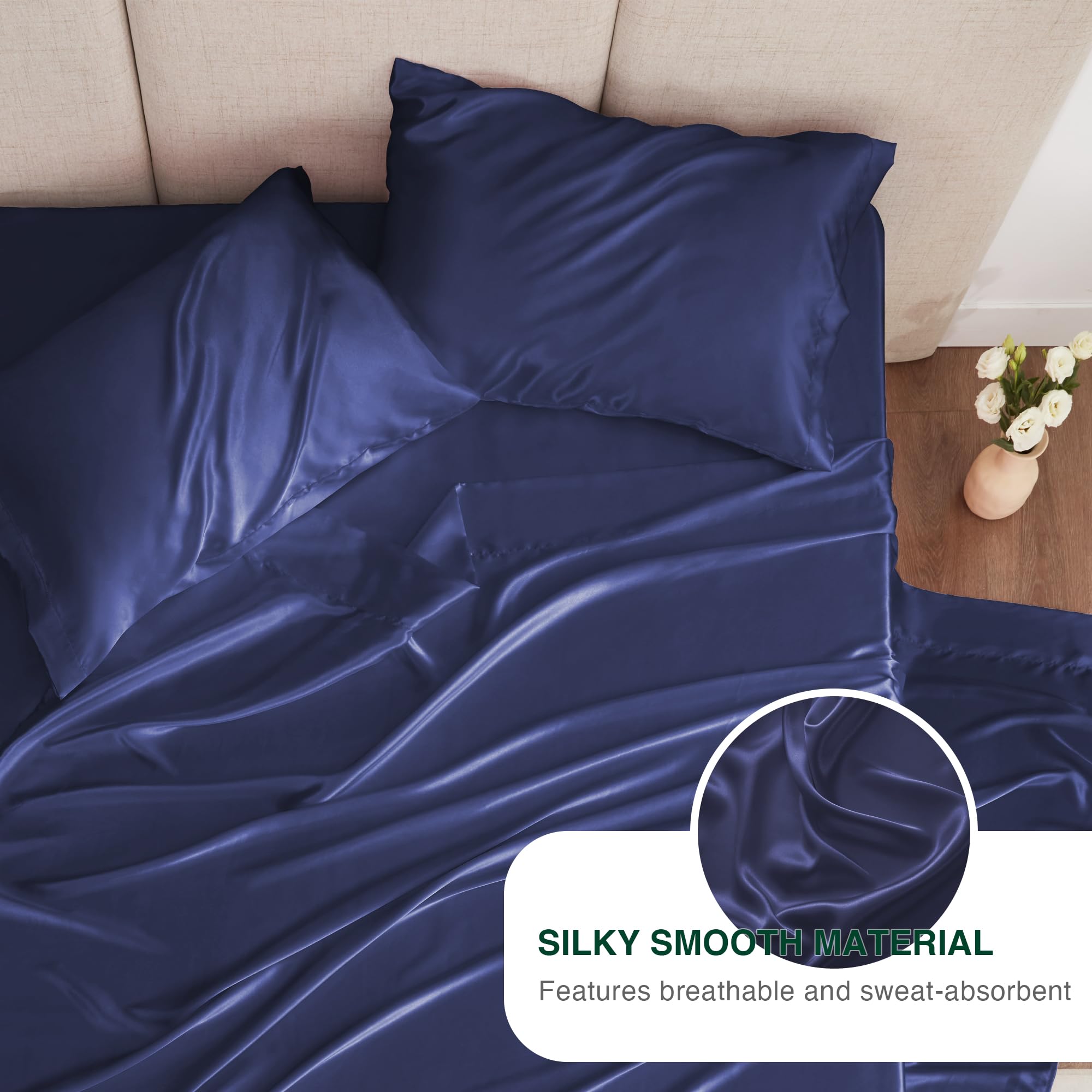 Love'S Cabin Satin Queen Sheets Set - 4 Piece Navy Blue Silky Satin Bed Sheets Queen Set With Deep Pocket, Luxury Silk Feel Sati