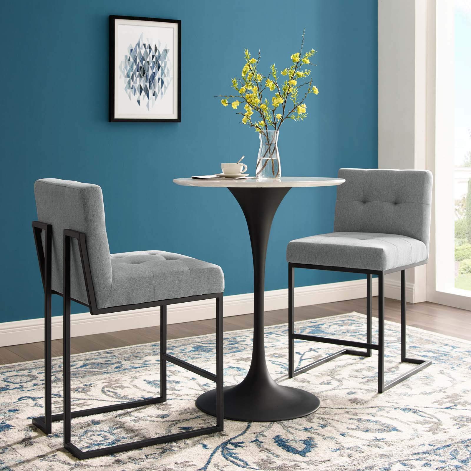 Modway Privy Stainless Steel Upholstered Fabric Counter Stool Set Of 2, Black Light Gray