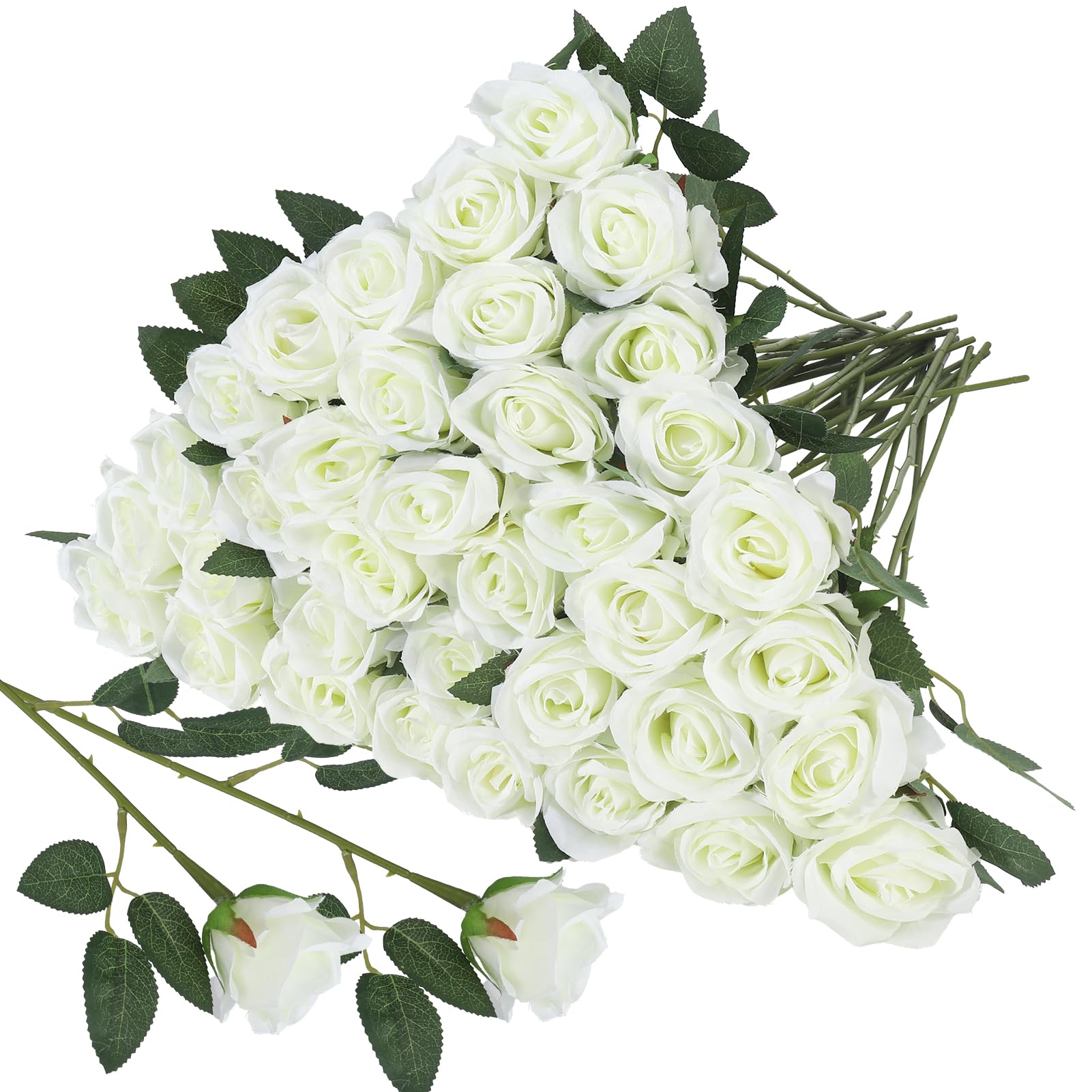 Hoemwarm 36 Pcs Silk White Rose Bouquet Bridal Artificial Flowers,Fake Rose Long Stem Realistic Artificial Flowers Bulk for Wedd