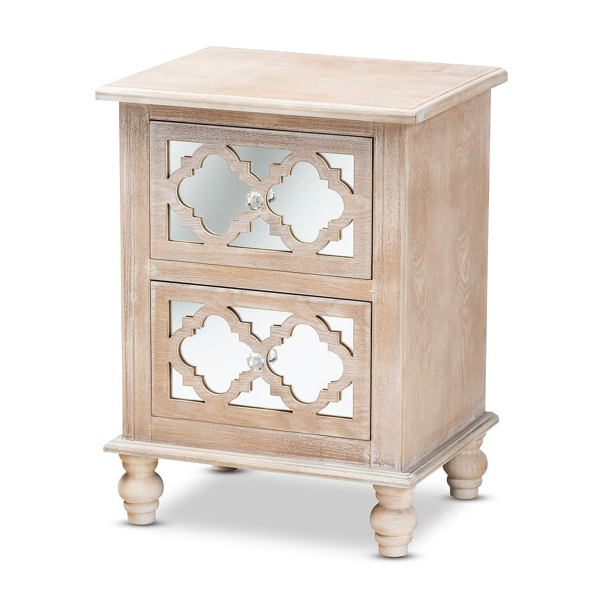 Baxton Studio Celia Transitional Rustic French Country Whitewashed Wood And Mirror 2Drawer Quatrefoil Nightstand