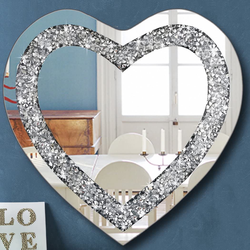 DMDFIRST Crystal Crush Diamond Heart Shaped Silver Mirror for Wall Decoration 24x24x1 inch Wall Hang Frameless Mirror Acrylic Di