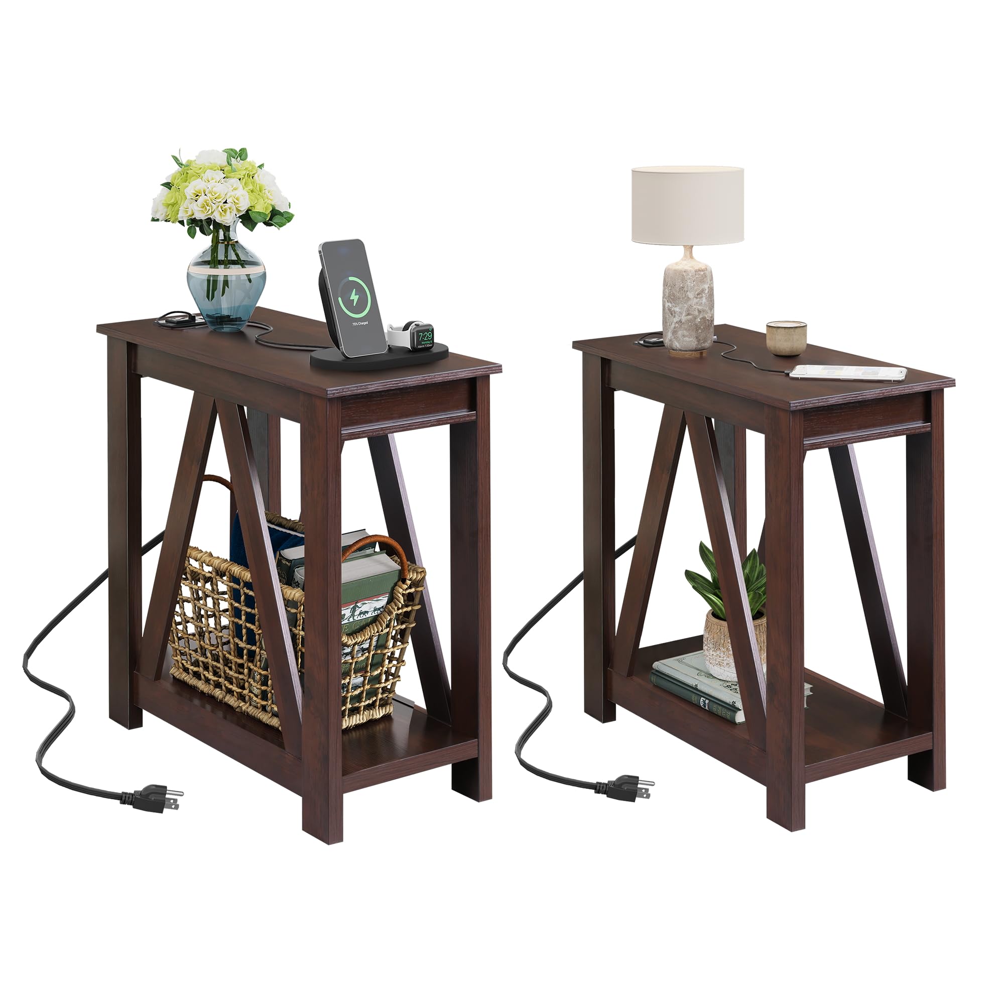 WLIVE Narrow End Table Set of 2 with Charging Station, Sofa Side Tables Living Room with Open Storage Shelf, Slim Farmhouse End 