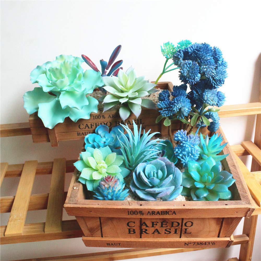 13Pcs Assorted Blue Artificial Succulent Plants Faux Fake Succulents Textured Cactus Stems Cacti Aloe Succulent In Different Art