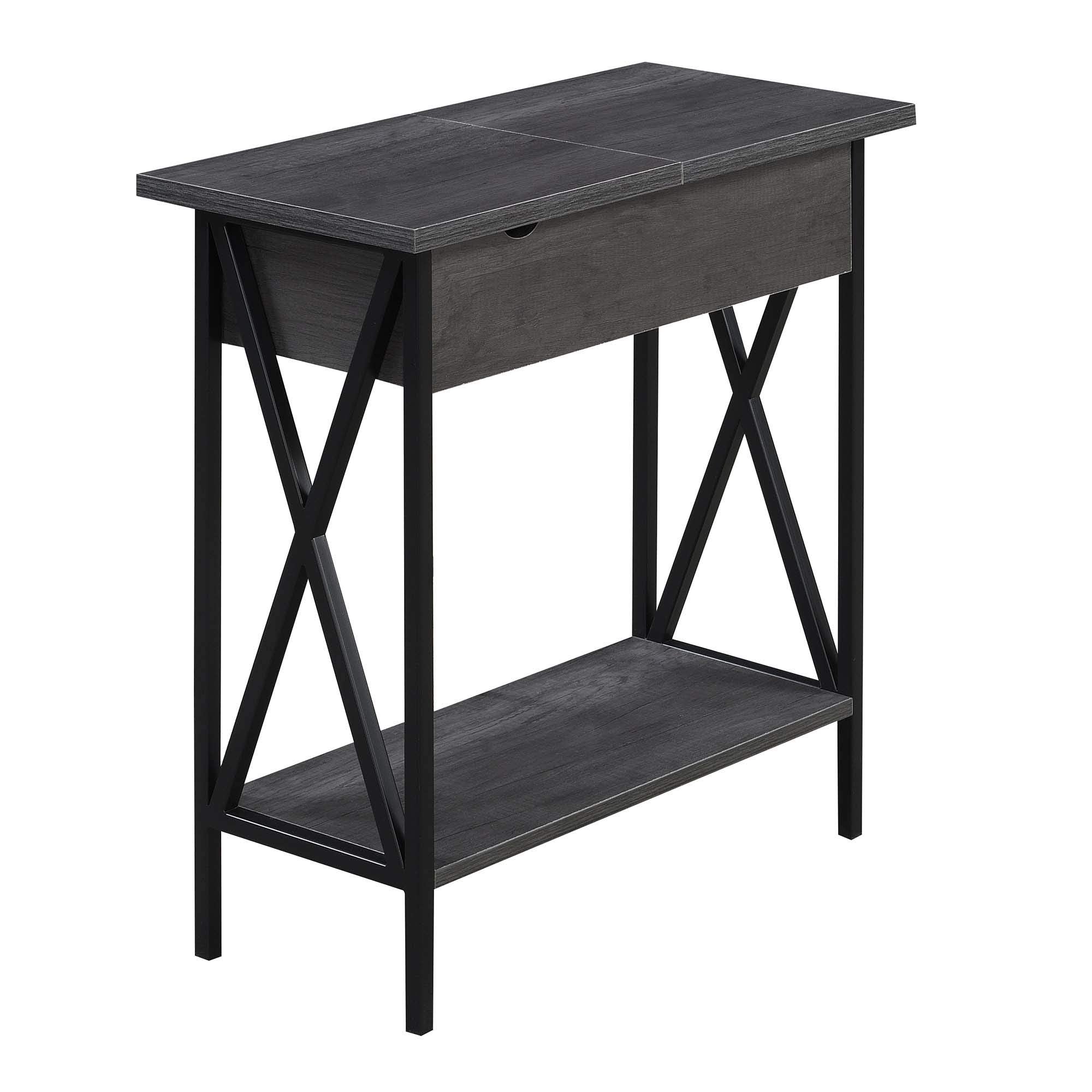 Convenience Concepts Tucson Flip Top End Table with Charging Station and Shelf, 23.75L x 11.25W x 24H, Charcoal Gray/Black