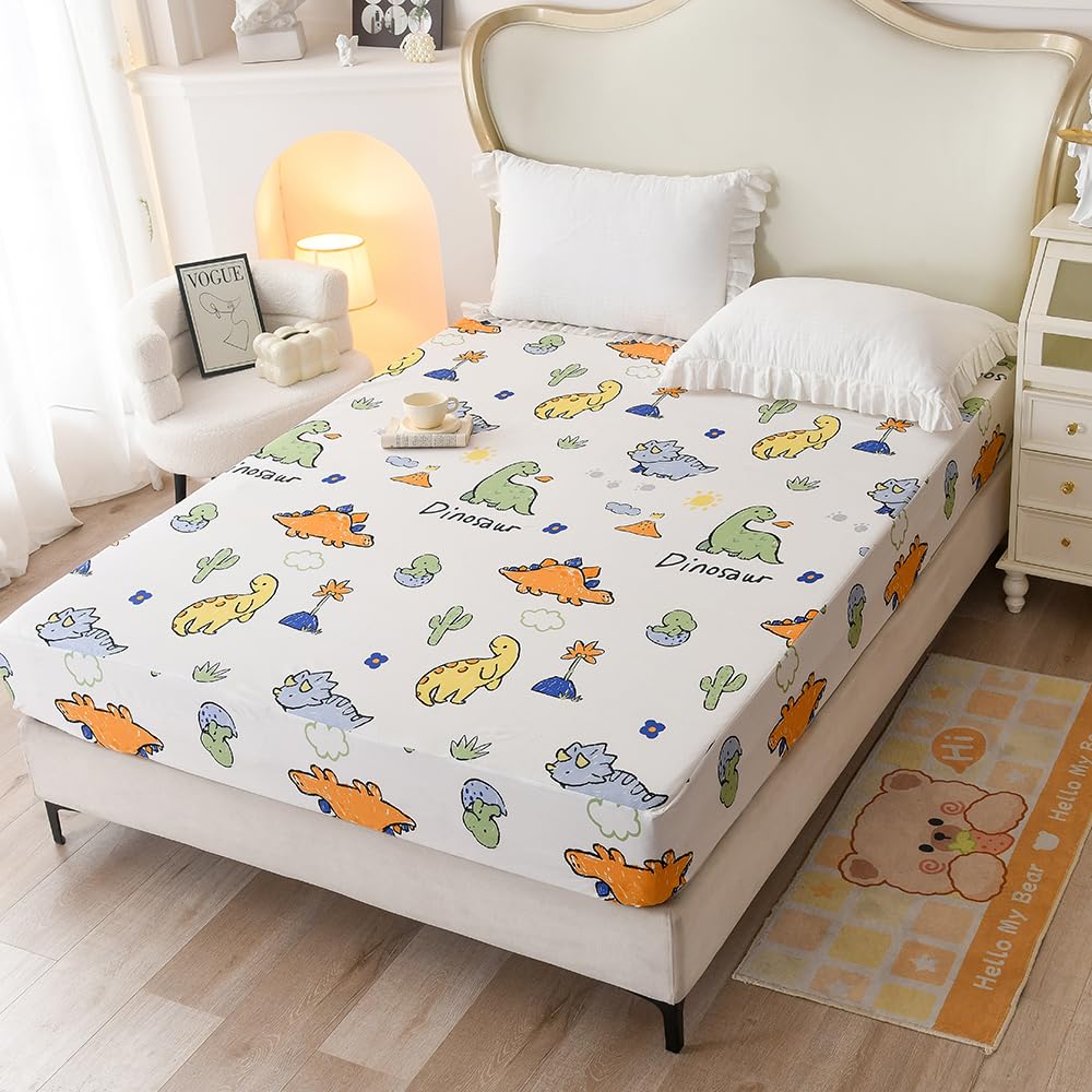 Naturety Bedding Fitted Sheet With Deep Pocket,Dinosuar Printed Thicken Fabric Bed Sheets (Colorful Dino, Twin)