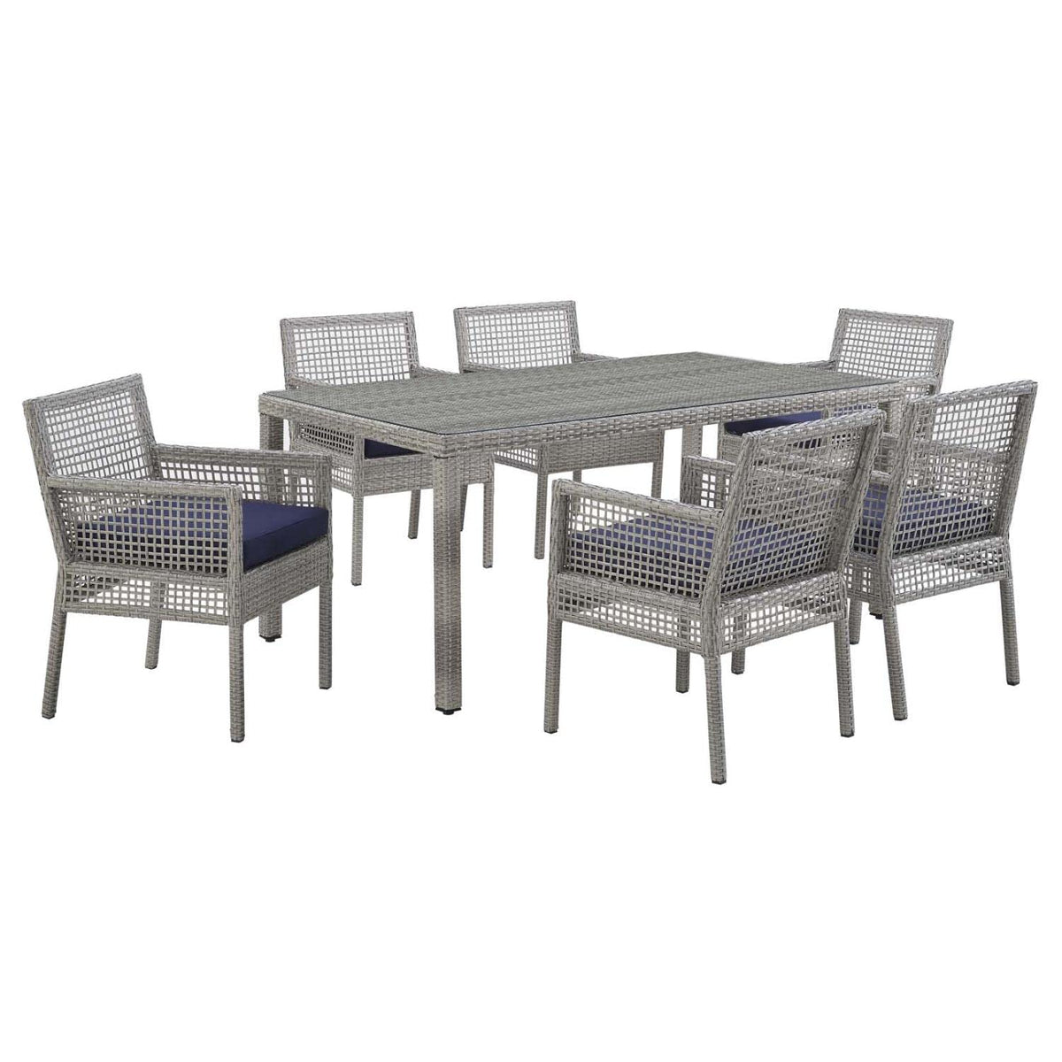 Modway Aura Wicker Rattan 7-Piece Outdoor Patio Dining Set With 68" Rectangle Dining Table And 6 Dining Armchairs In Gray Navy