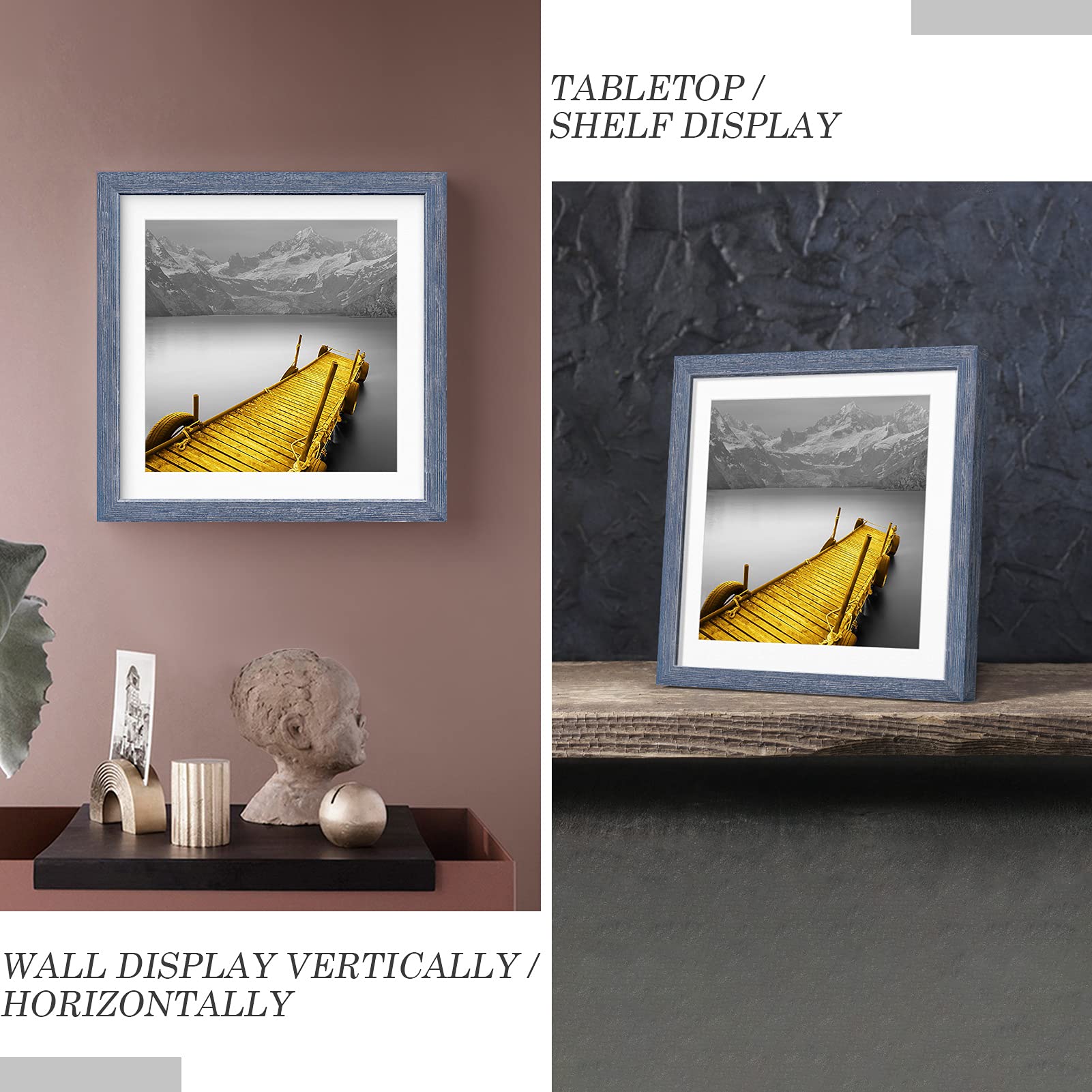 12X12 Picture Frames Wood Distressed Blue Display Pictures 10X10 Or 8X8 With Mat Or 12X12 Without Mat - 12X12 Inch Square Photo