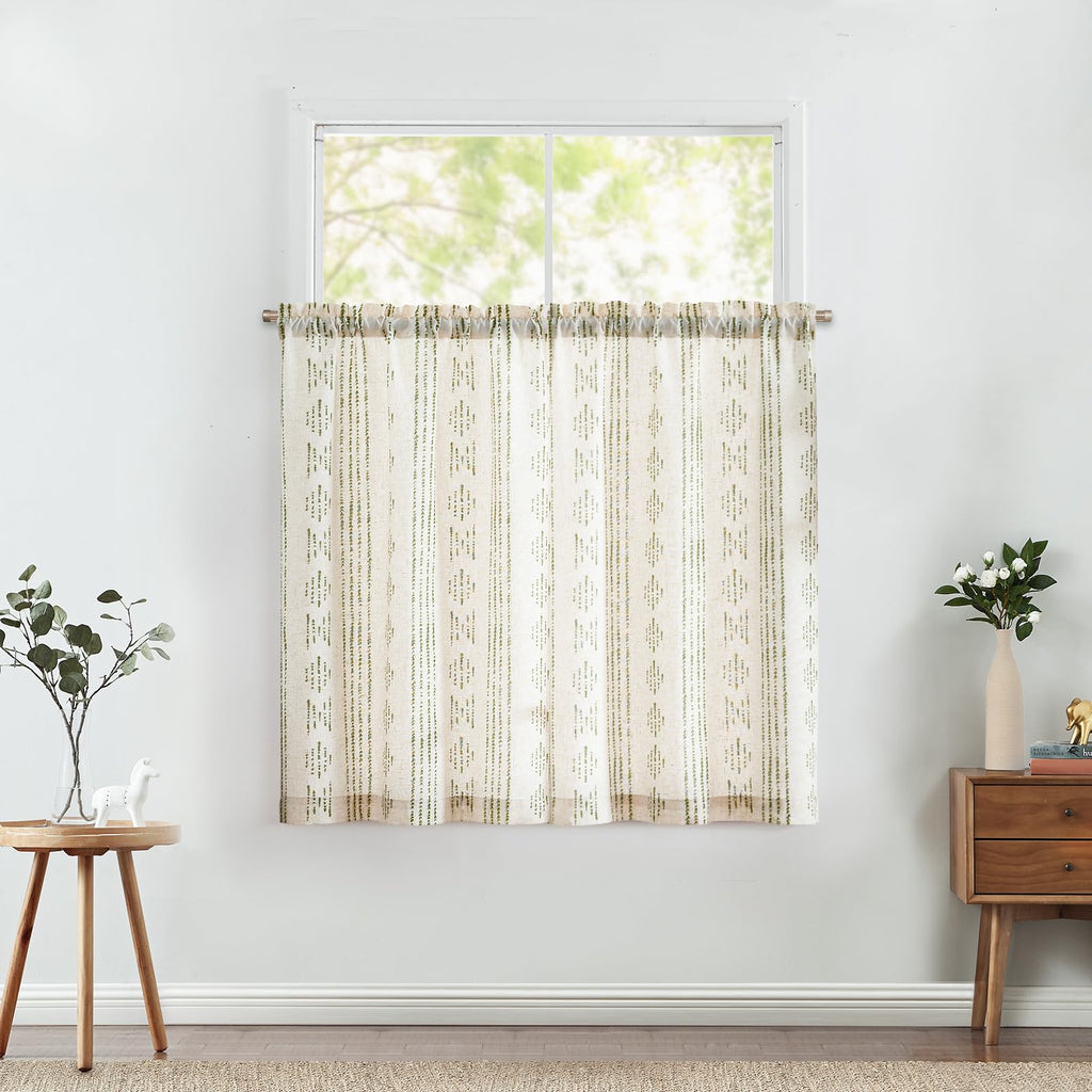 Jinchan Boho Kitchen Curtains Linen Tier Curtains 45 Inches Bohemian Small Cafe Curtains Striped Farmhouse Rustic Curtains For Bathroom Rv Camper Light Filtering Rod Pocket 2 Panels Green On Beige