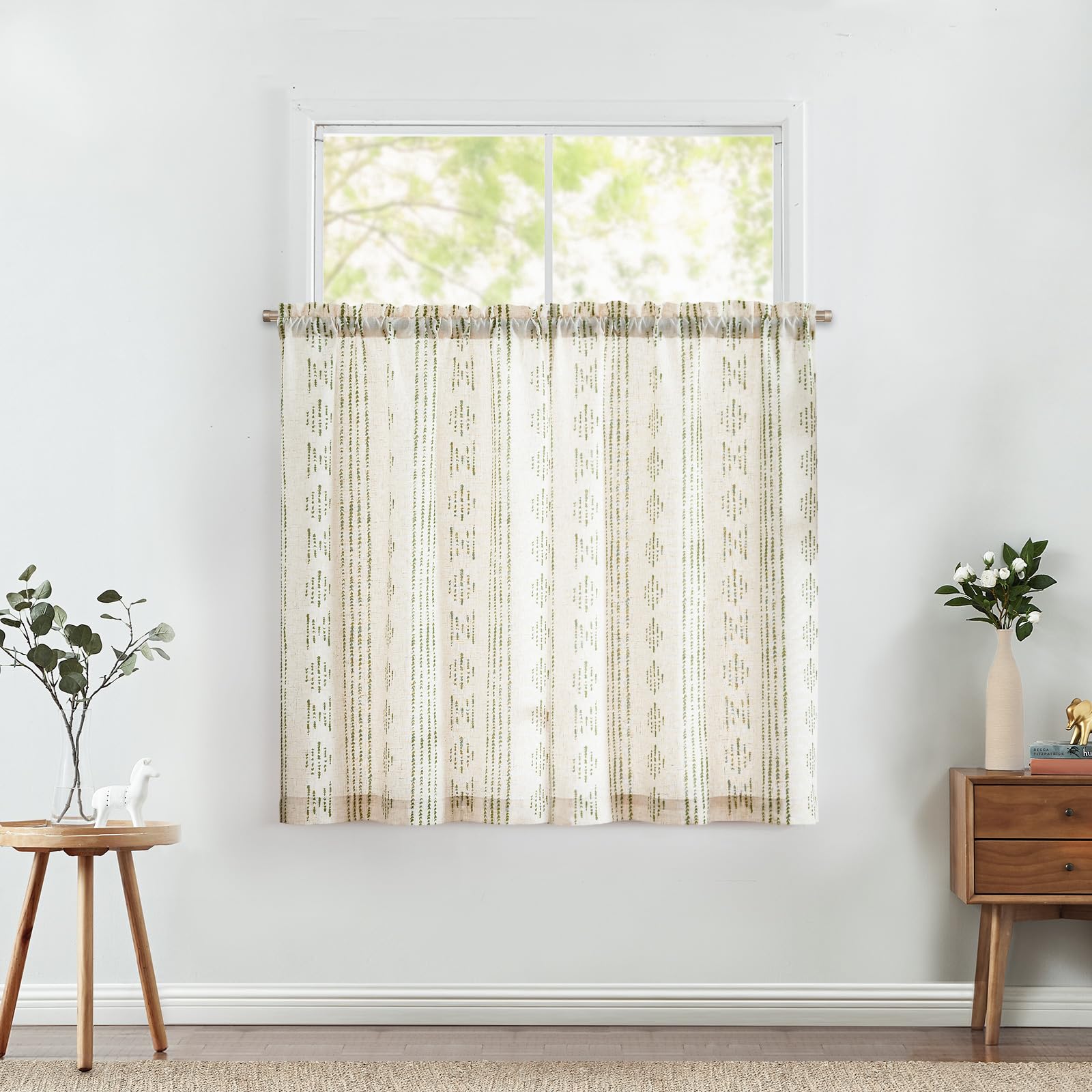 Jinchan Boho Kitchen Curtains Linen Tier Curtains 45 Inches Bohemian Small Cafe Curtains Striped Farmhouse Rustic Curtains For Bathroom Rv Camper Light Filtering Rod Pocket 2 Panels Green On Beige