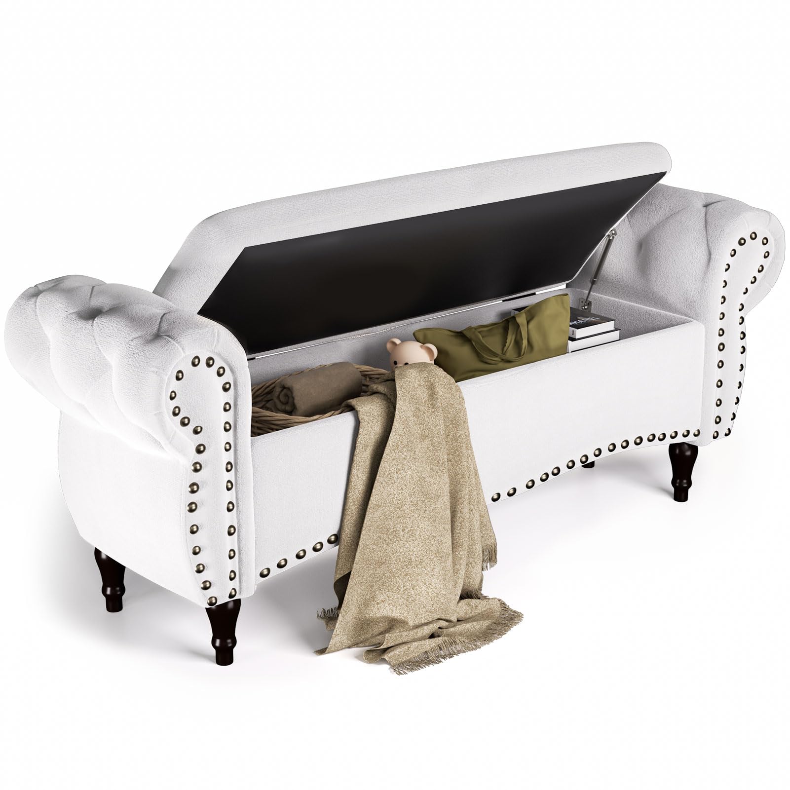 ZZW Storage Ottoman Bench, 53  Length Upholstered Bench & Ottoman with Safety Hinge, Tufted Bed Bench with Rolled Arm and Nailhe