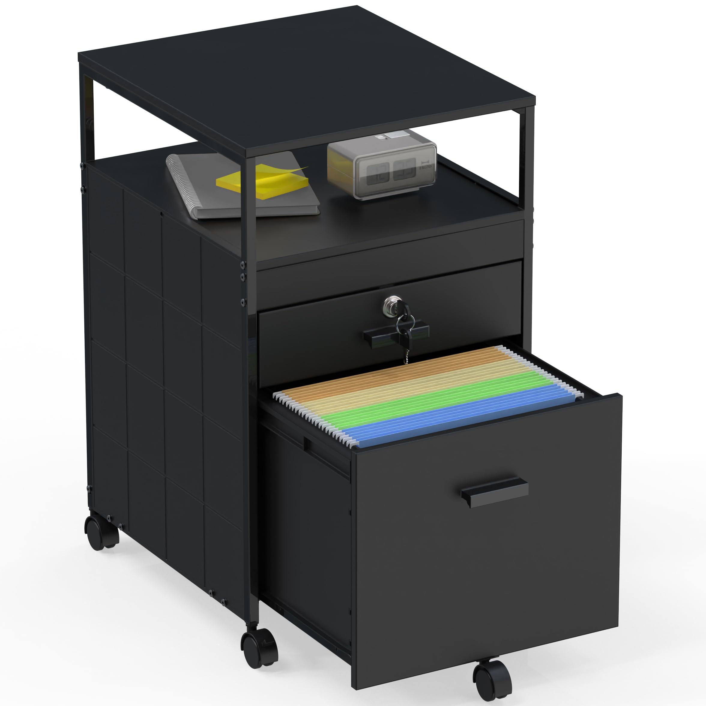 SHW Box File Rolling Mobile Cabinet with Open Shelf and Lockable Drawer, Black