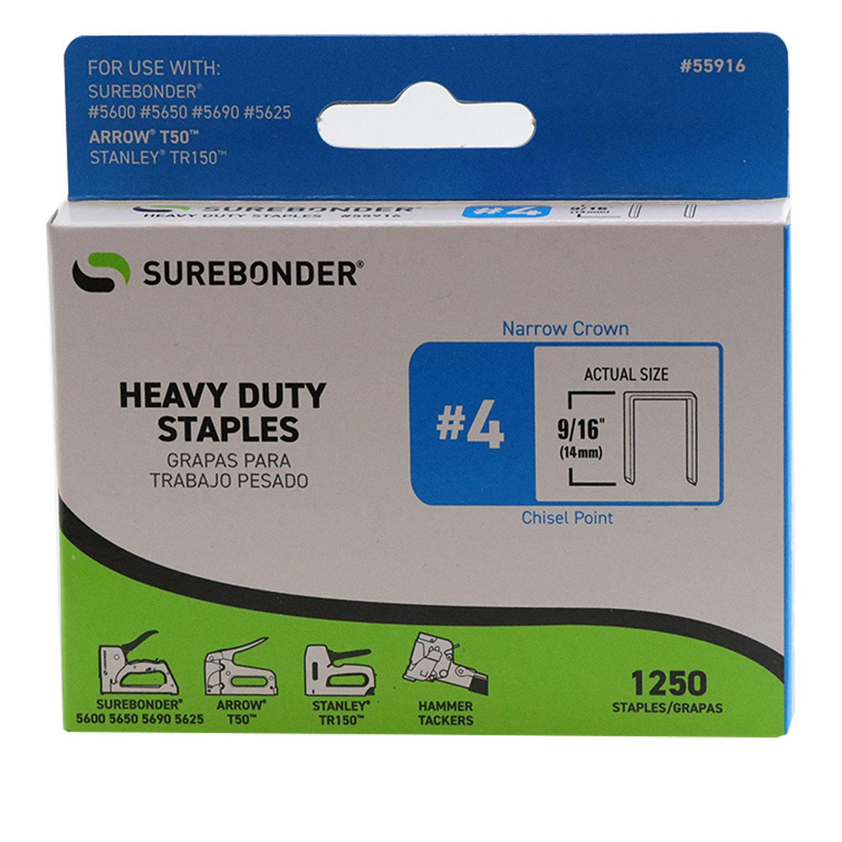 Surebonder 55916 Heavy Duty 9/16-Inch Length Staples, Arrow T50 Type, 1250 Count