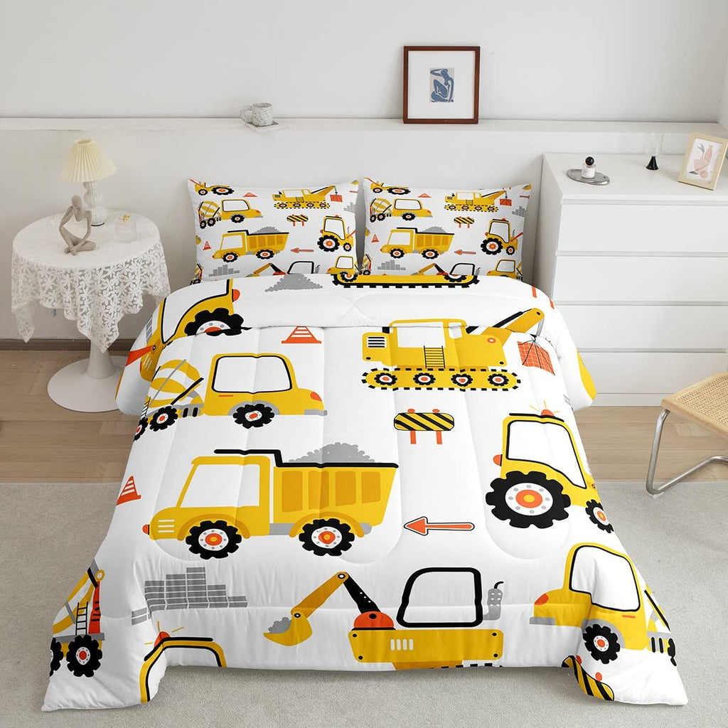 Feelyou Cartoon Car Comforter Set Kids Construction Comforter for Boys Equipment Trucks Bedding Set Breathable Cartoon Yellow Ca