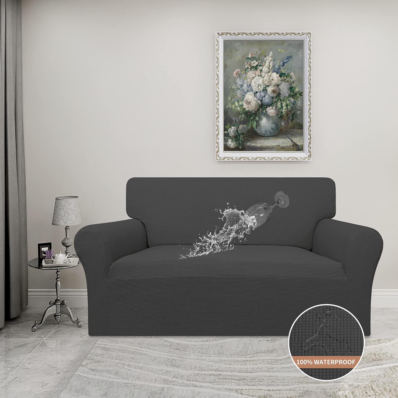 Easy-Going 100% Waterproof Loveseat Couch Cover, Dual Waterproof Sofa Cover, Stretch Jacquard Sofa Slipcover, Leakproof Furniture Protector For Kids, Pets, Dog And Cat (Loveseat, Dark Gray)