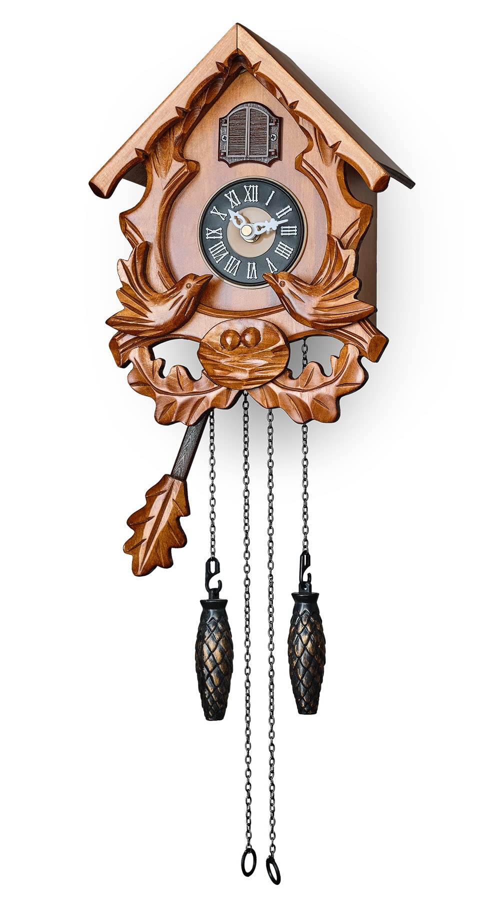TIMEGEAR Cuckoo Clock with Night Mode, Singing Bird and Carved Wood Decorations (Cherry)