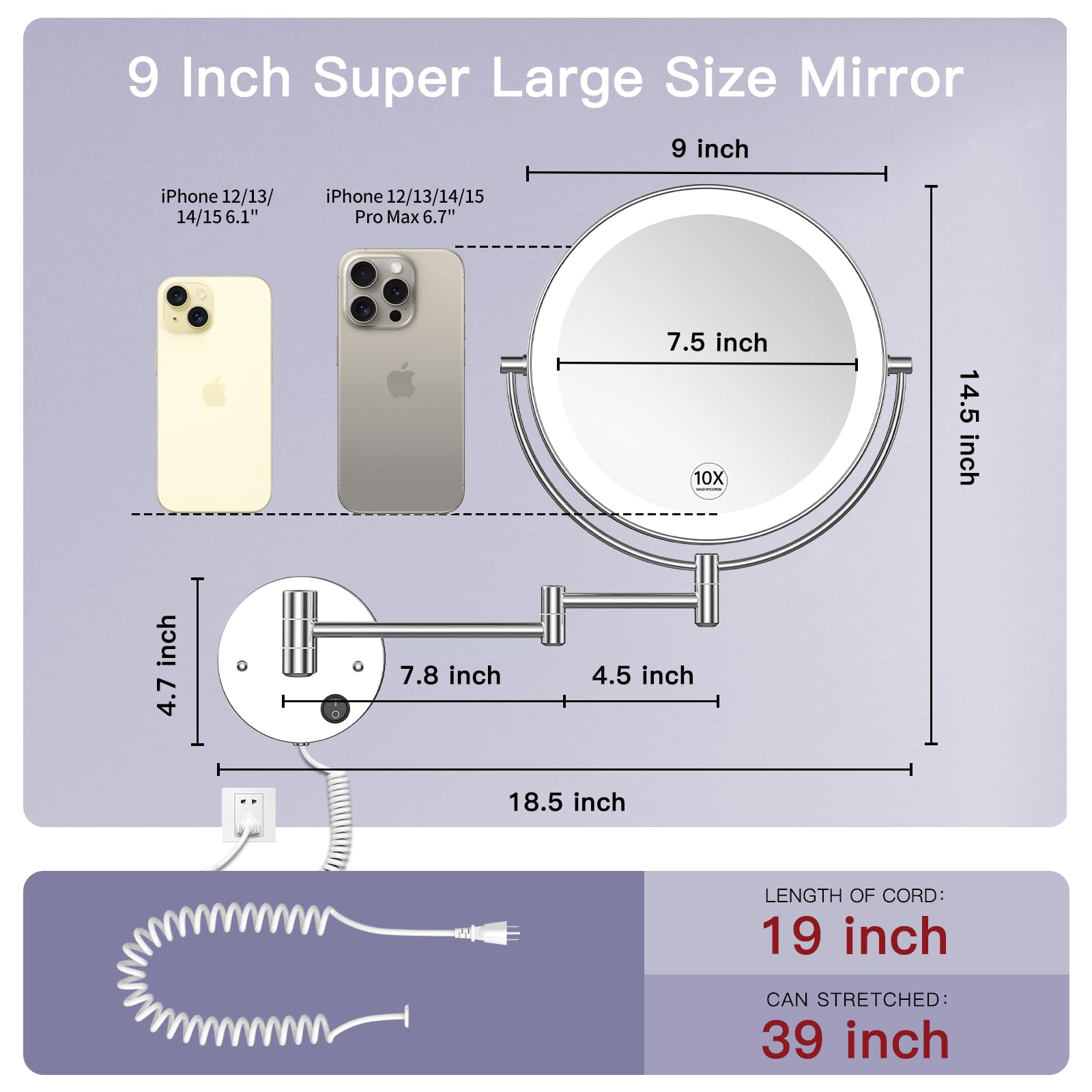 Benbilry LED Wall Mounted Makeup Mirror 9 Inch Double Sided 1x/10x Magnification Extendable Swivel Chrome